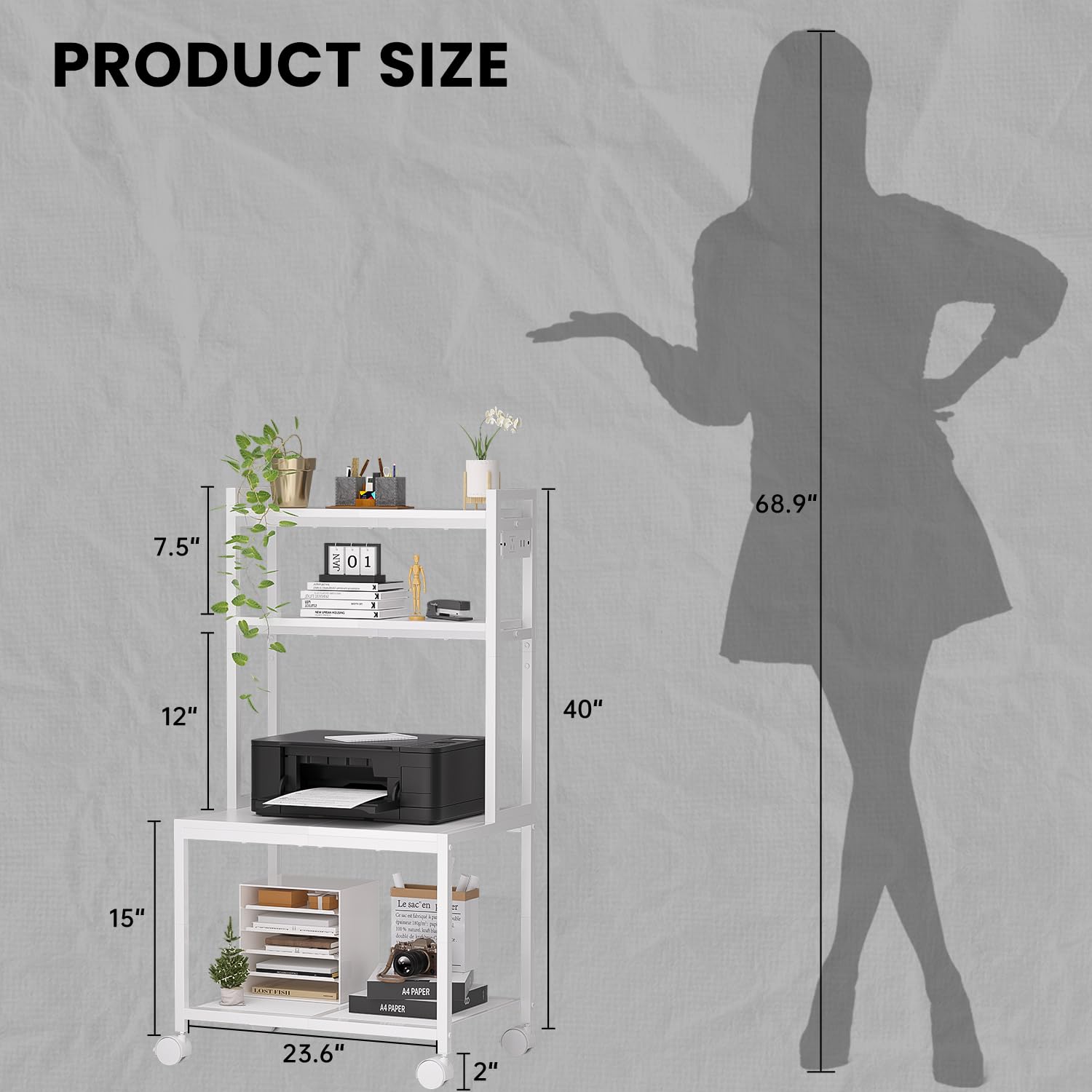 4-Tier Printer Stand with Charging Station & Storage - Mobile Printer Cart with Wheels for Home Office, Kitchen, Living Room - Perfect for Printer, Scanner Organization (White)