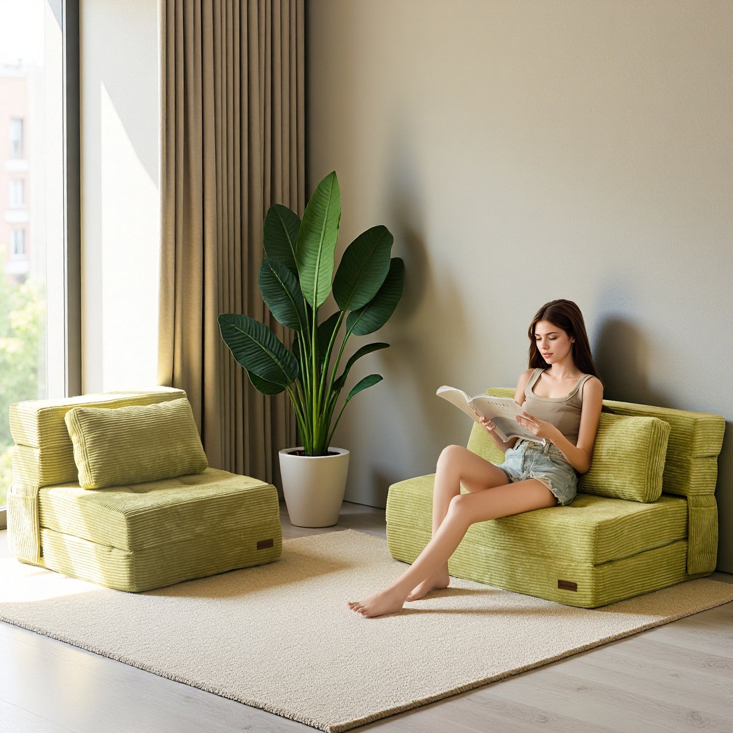 MAXYOYO 4-in-1 Folding Sofa Bed with Pillow - Tufted Sleeper Chair for Living Room, Guest Room & Small Spaces, Convertible Futon for Lounge, Nap & Overnight Guests, Green