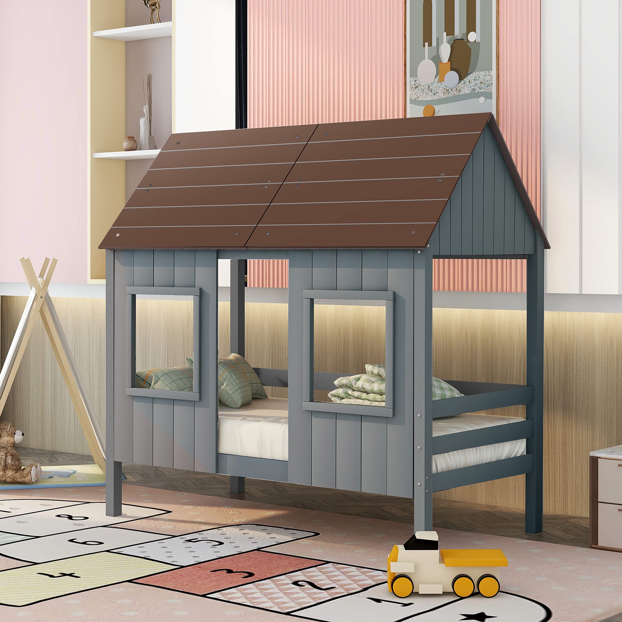 **Twin Size Low Loft Bed Frame for Kids & Teens - Wooden House Bed with Roof & Two Front Windows - Antique Gray & Normal Gray - Perfect for Bedrooms, Playrooms & Sleepovers**