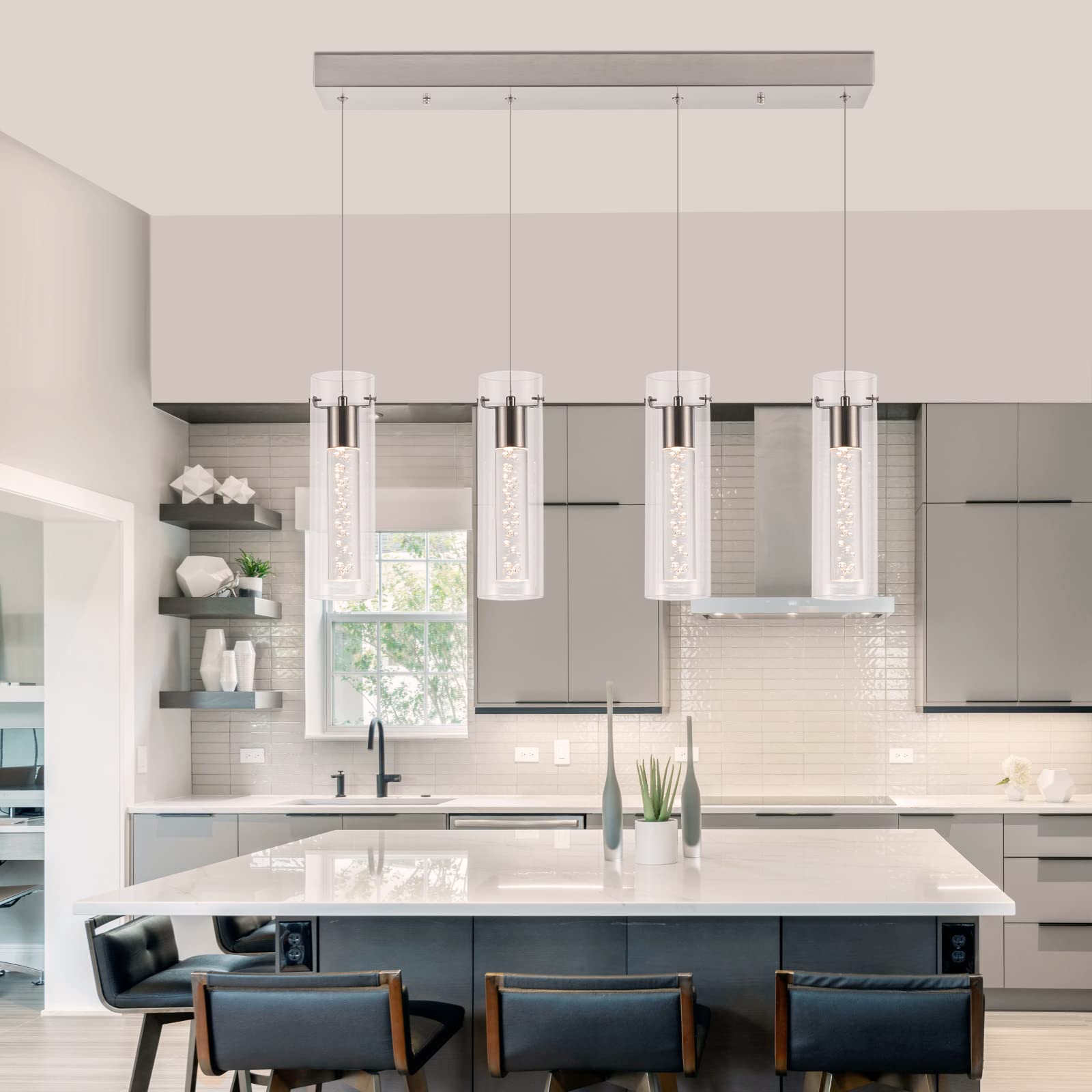 Dimmable LED Hanging Pendant Lights with Remote Control - 4-Light Brushed Nickel Fixture, Adjustable Warm/White/Cool Lighting for Kitchen Island, Dining Room, Restaurant, Living Room & Bedroom | Perfect for Modern Home Decor and Commercial Spaces