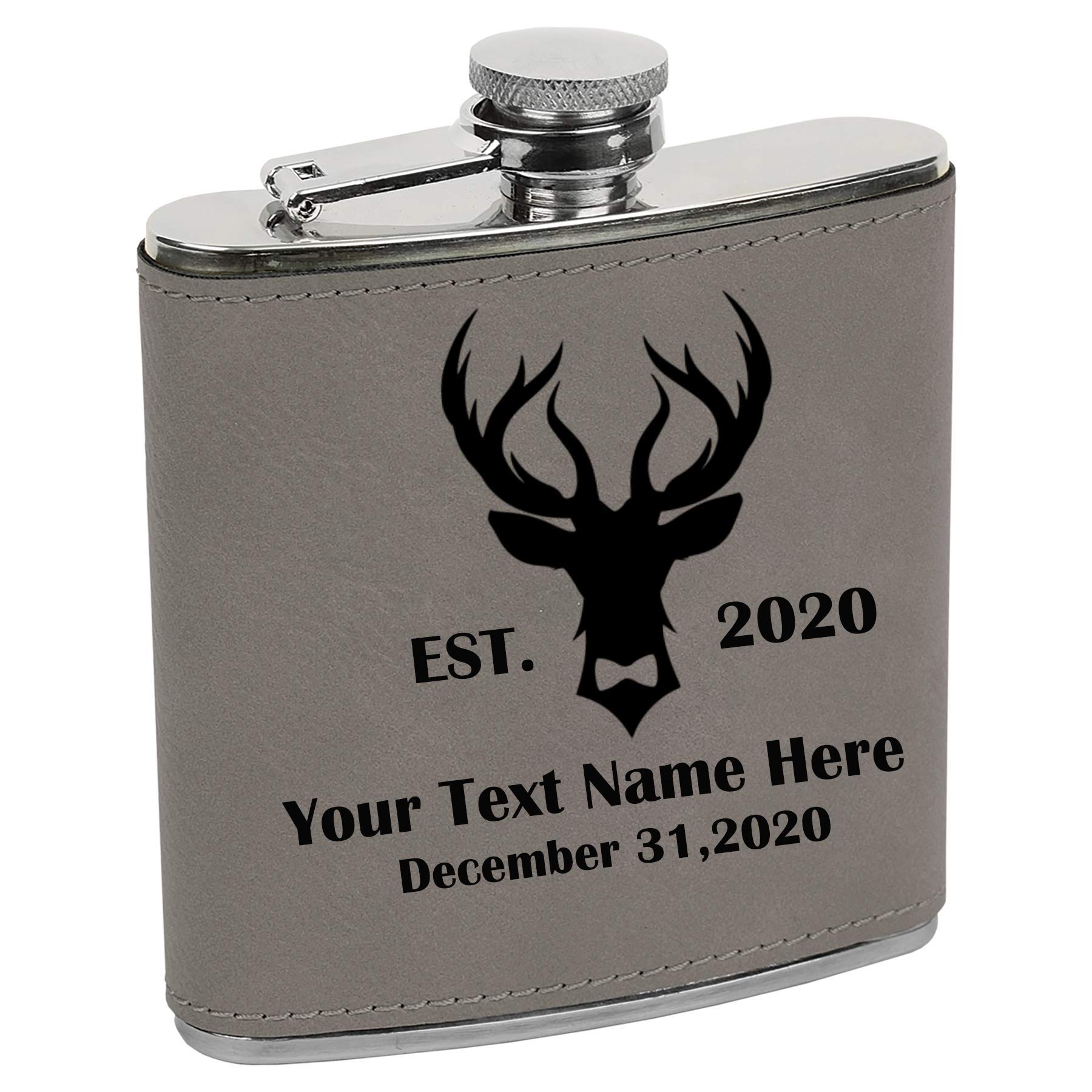 Personalized Stainless Steel Deer Head Whiskey Flask - Custom Engraved 6oz Groomsmen Gift for Best Man, Bachelor Party & Outdoor Adventures (Rawhide Leather)