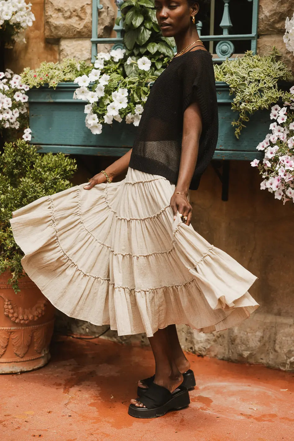 Minerva Tiered Midi Skirt in Taupe - Women's Flowy A-Line Skirt for Casual & Office Wear | Perfect for Spring & Summer Outfits