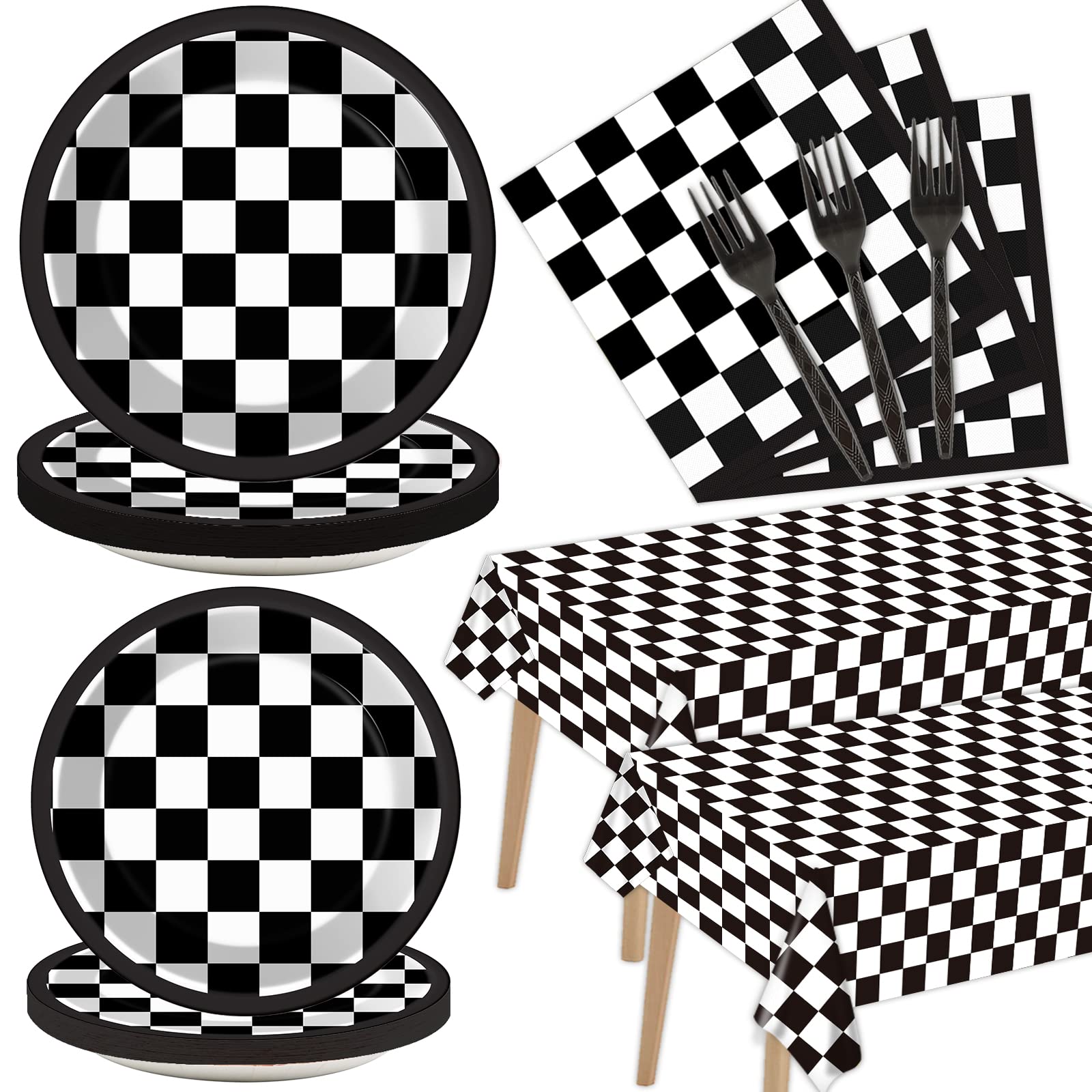 98-Piece Black and White Checkered Racing Party Supplies Set - Race Car Themed Tableware, Dinnerware & Decorations with Tablecloth, Plates, Napkins & Forks for Birthday Parties, Baby Showers & Sports Events