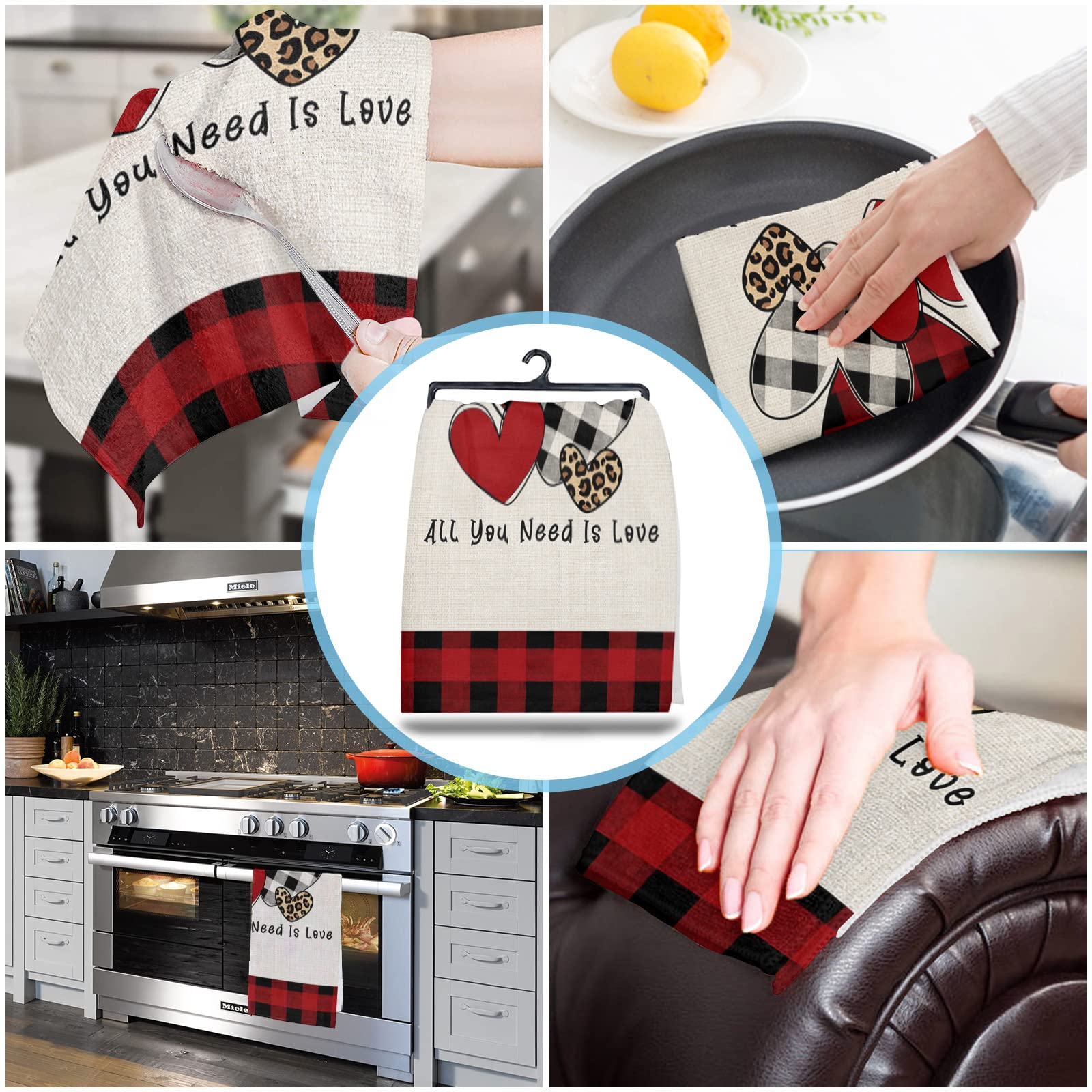 **Premium Microfiber Kitchen Towels Set of 4 - Super Absorbent & Reusable Dish Towels, Tea Towels & Bar Towels (18x28 Inch) - Valentine's Day Love Heart Red & Black Buffalo Plaid Design - Perfect for Kitchen Cleaning, Drying Dishes & Decor**