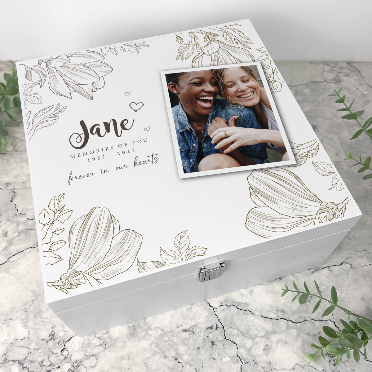 Personalized Luxury Square Floral White Wooden Memorial Photo Memory Box - 2 Sizes for Keepsakes, Wedding Photos & Family Heirlooms