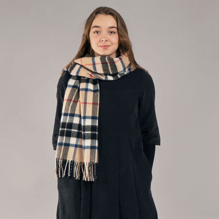 Bobbie Thomson Camel Modern Tartan Lambswool Stole - Soft & Warm Winter Shawl for Women, Perfect for Office, Parties & Outdoor Activities