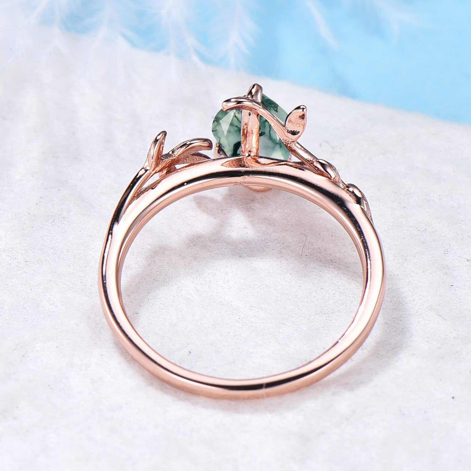 Natural Green Moss Agate Pear Shape Engagement Ring - Vintage Solitaire Crystal Healing Ring with Leaf Design - Unique Promise Ring for Women, Wedding, Anniversary & Spiritual Energy Jewelry Gift