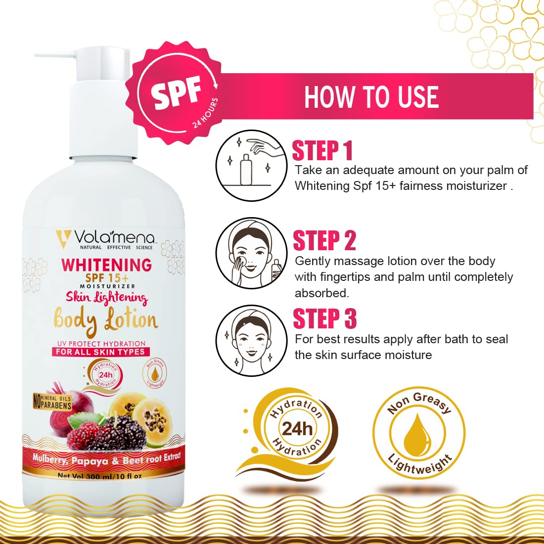 Volamena SPF 15+ Whitening & Moisturizing Body Lotion - Skin Brightening, Sun Protection for Glowing Complexion - Unisex 300ml | Perfect for Summer, Beach & Daily UV Defense