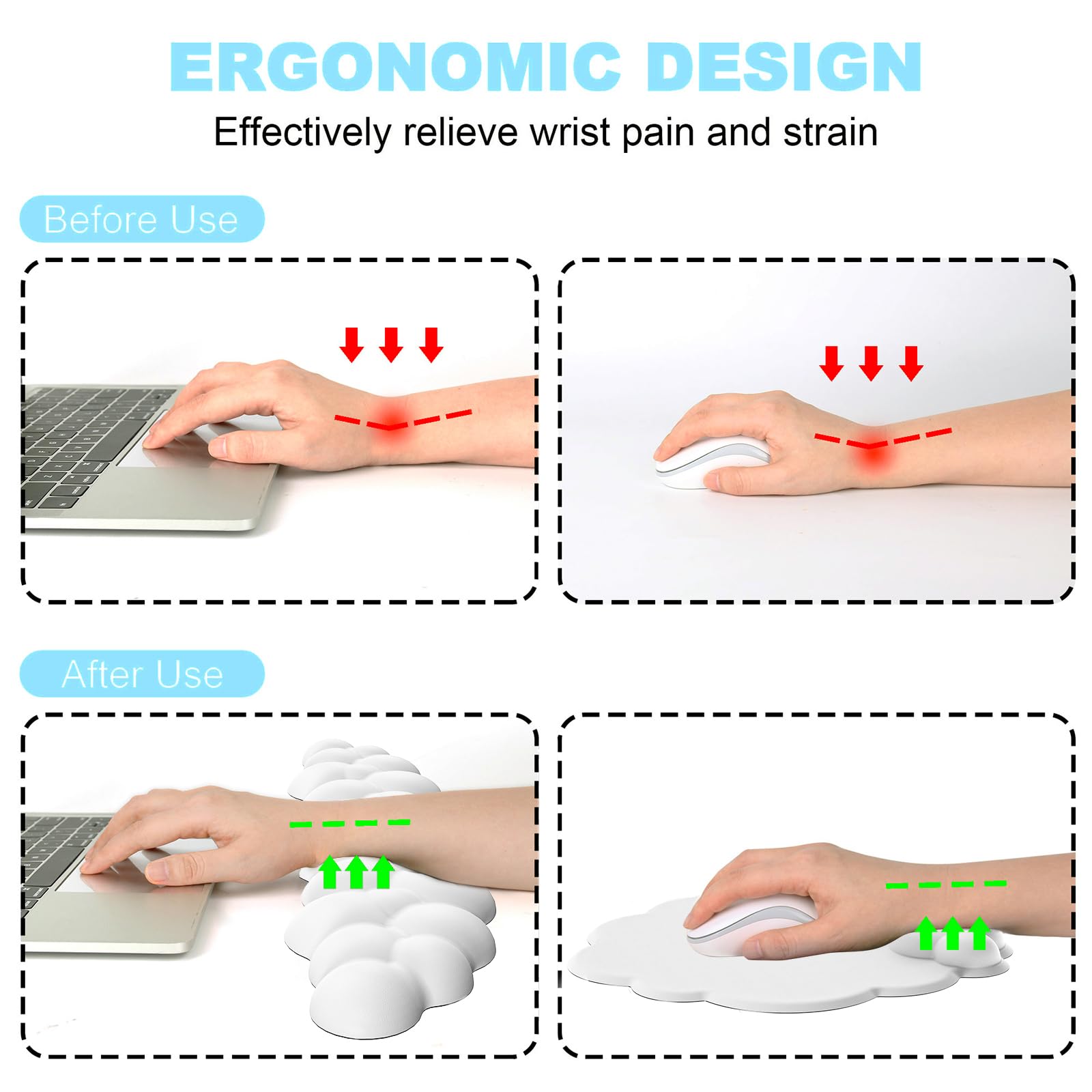 Ergonomic Cloud Mouse Pad with Wrist Rest - Comfortable Gel Keyboard & Mouse Wrist Support for Pain Relief - Non-Slip PU Base Gaming & Office Computer Accessories (White) - Perfect for Long Work Hours & PC Gaming Sessions