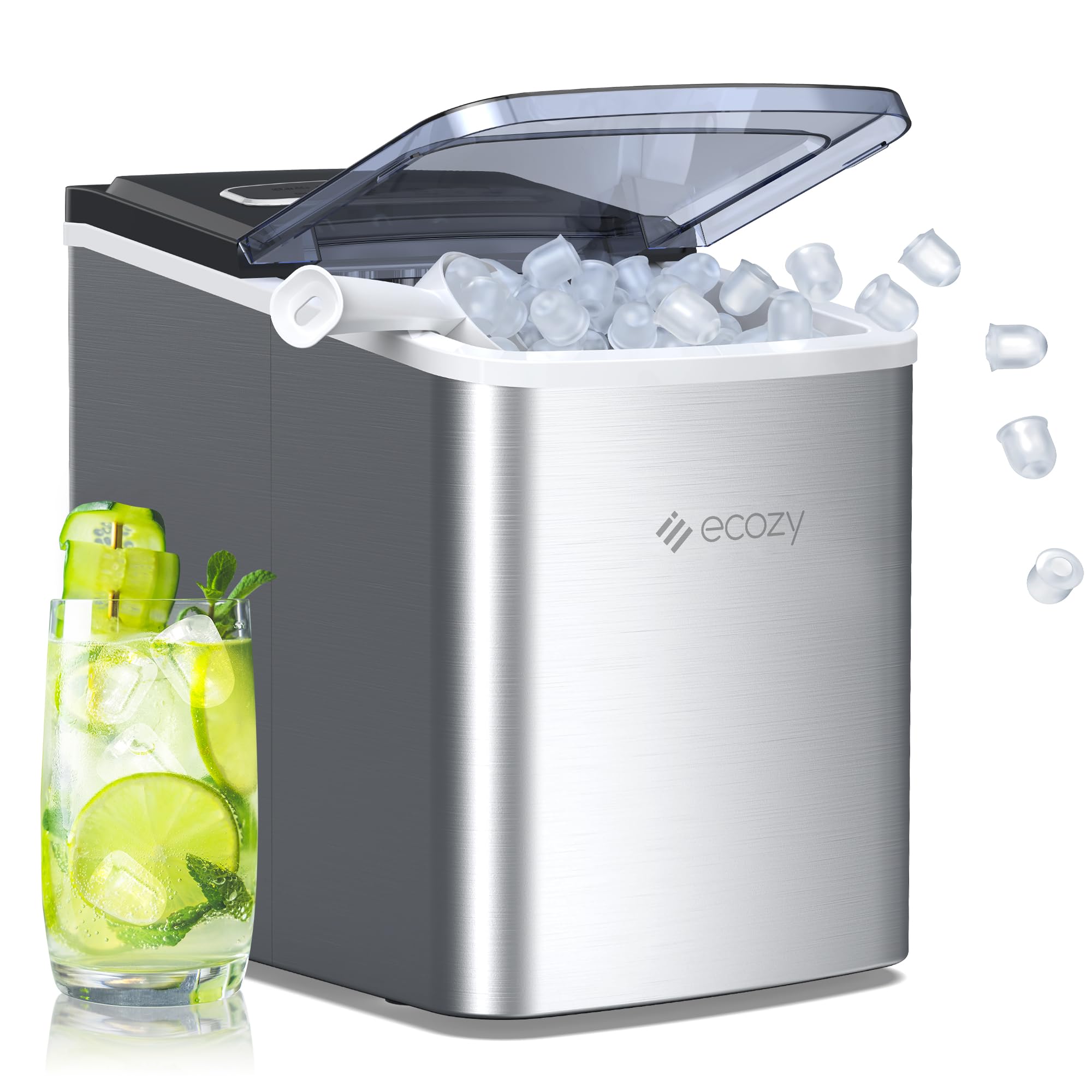 ecozy Portable Countertop Ice Maker - 9 Cubes in 6 Mins, 26.5 lbs Daily, Self-Cleaning with Ice Scoop & Basket - Perfect for Home, Kitchen, Office, Bar, Parties & Outdoor Gatherings (Silver)