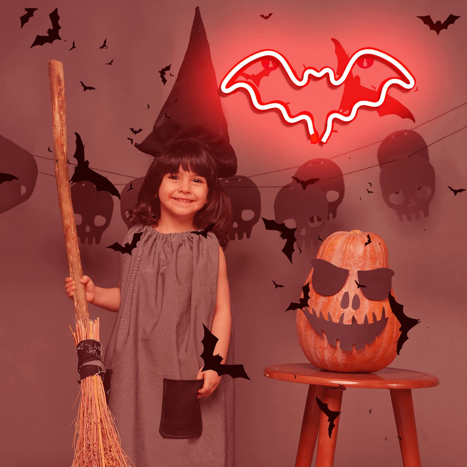 Halloween Bat Neon Sign - LED Wall Decor for Halloween Party, Bar & Room | Battery/USB Powered Bat Shape Lamp | Spooky Kids Bedroom & Outdoor Décor