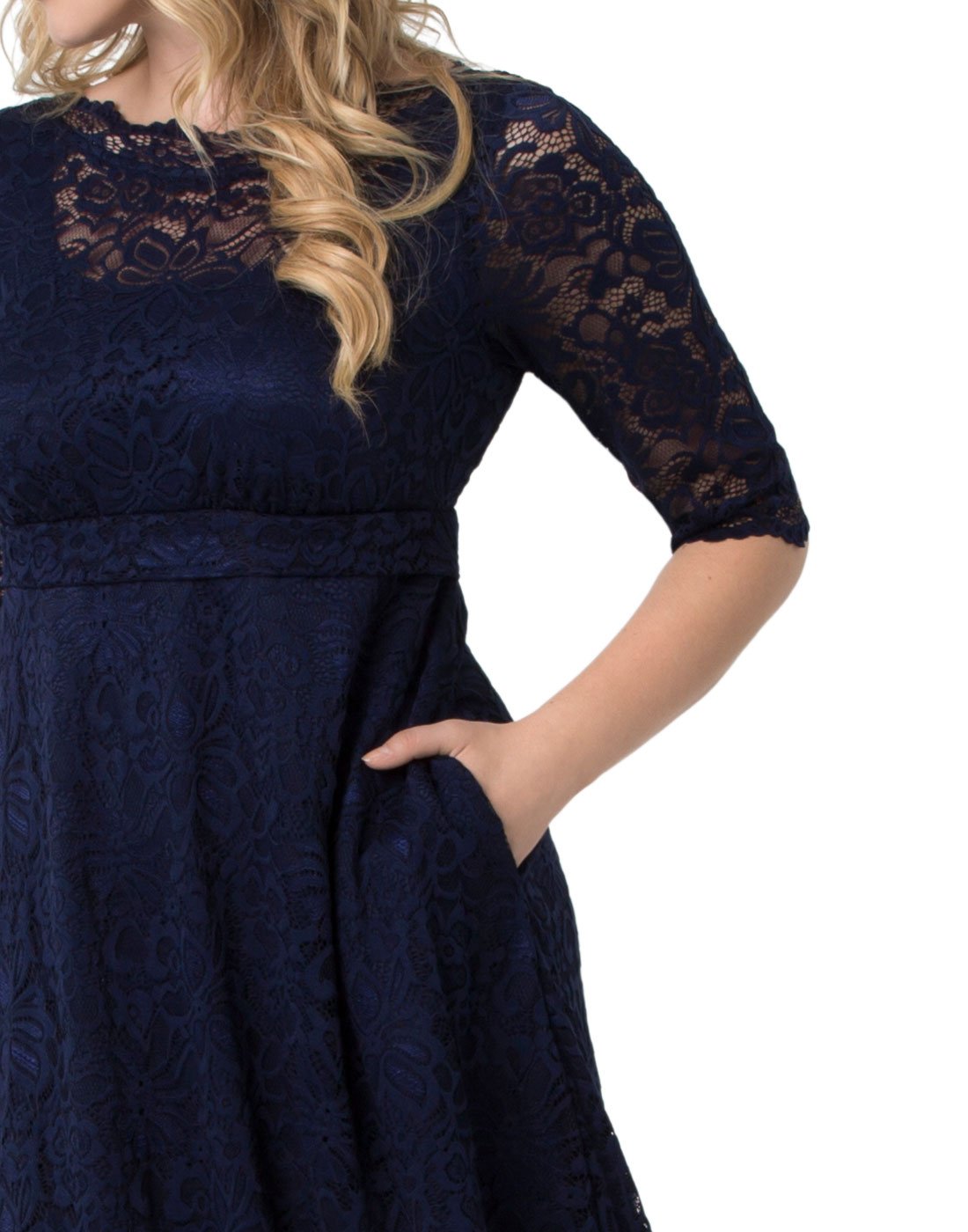 Kiyonna Women’s Plus Size Leona Lace Gown - Elegant Maxi Dress Formal Evening Ball Gown with Side Pockets for Wedding Guest, Prom, Cocktail Party & Special Occasions