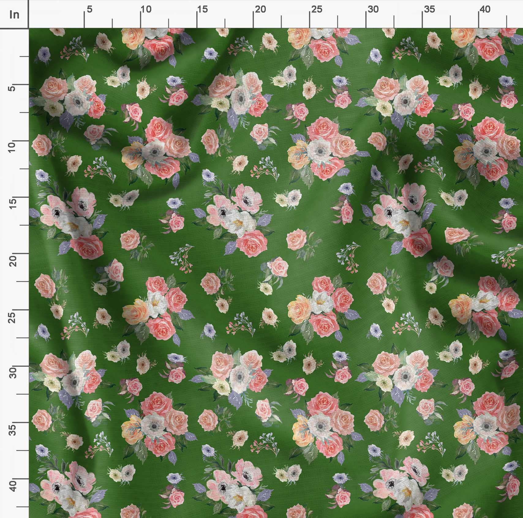 Soimoi Moss Georgette Green Fabric by The Yard - 42 Inch Wide Floral Printed Fabric with Anemone & Roses Botanical Design for DIY Crafts, Dresses, Curtains, Home Decor and Sewing Projects