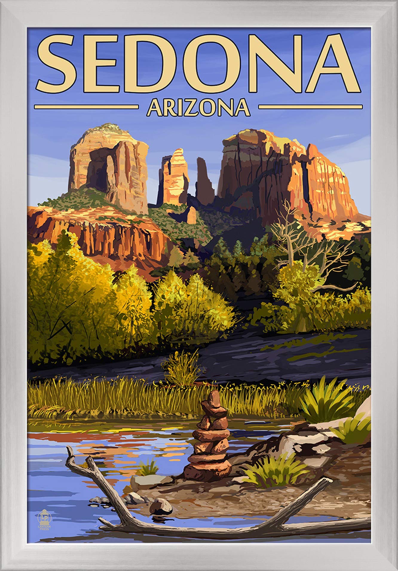 Sedona Arizona Cathedral Rock & Cairn - 16x24 Giclee Fine Art Print in Recycled Wood Frame (Silver) - Perfect for Home Decor, Office Wall Art & Southwest Style Interior Design