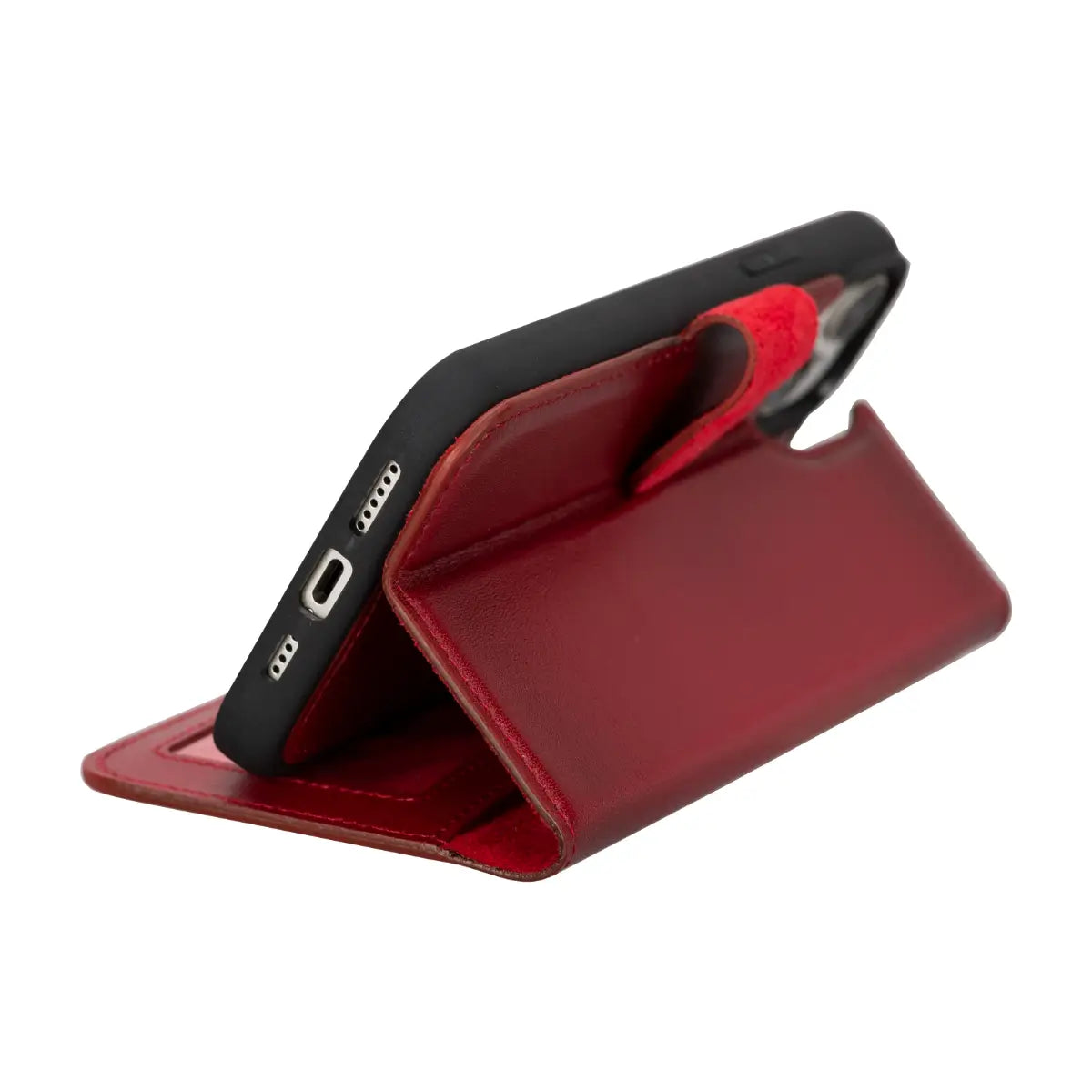 Premium Burnished Red Genuine Leather Wallet Case for iPhone 15 Plus - Slim Protective Cover with Card Slots | Perfect for Everyday Use, Travel & Business Meetings