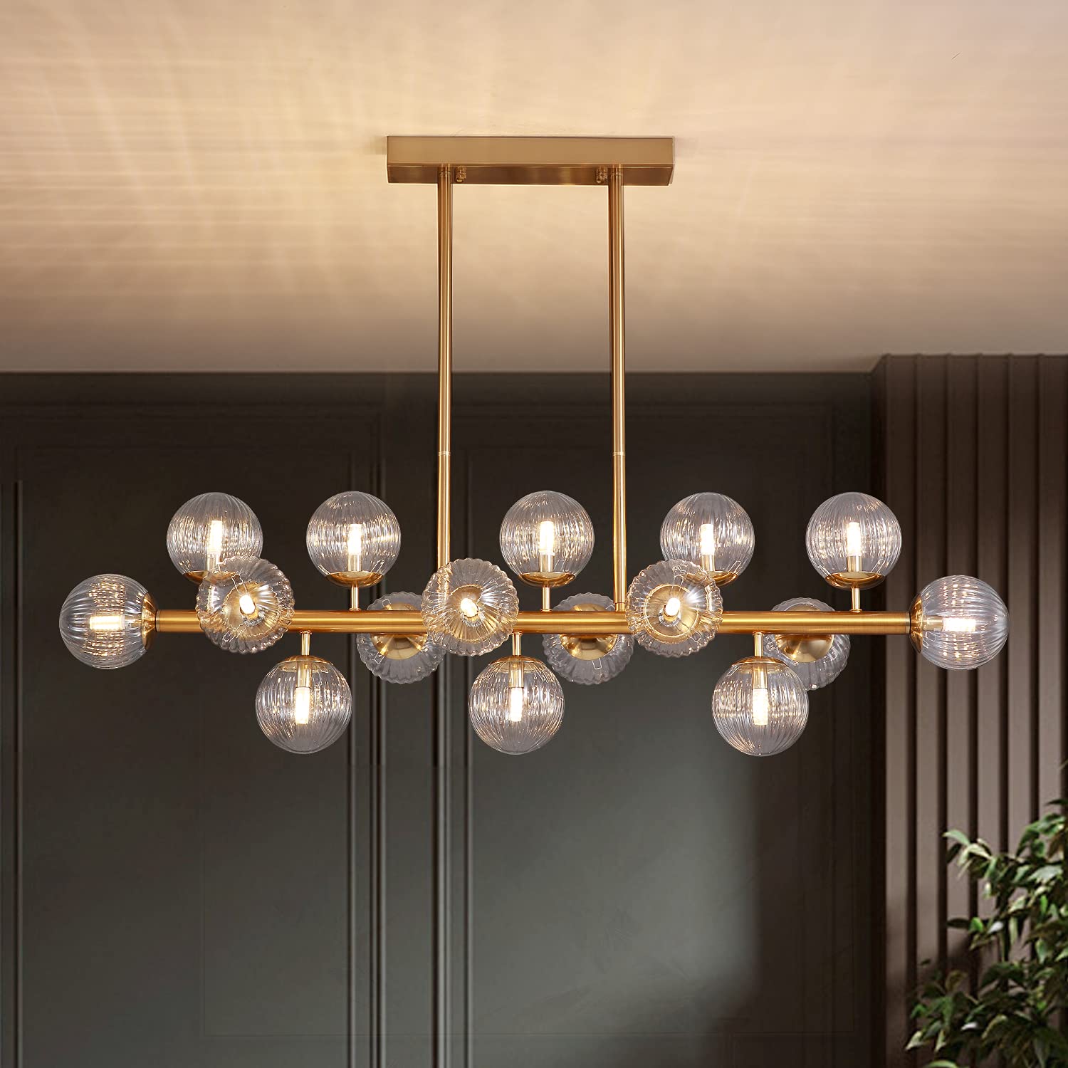 Siljoy Modern Gold Bubble Glass Chandelier - 49 Inch Semi Flush Mount Pendant Light for Living Room, Dining Room & Kitchen Island - Elegant Clear Glass Fixture for Home Decor & Ambient Lighting
