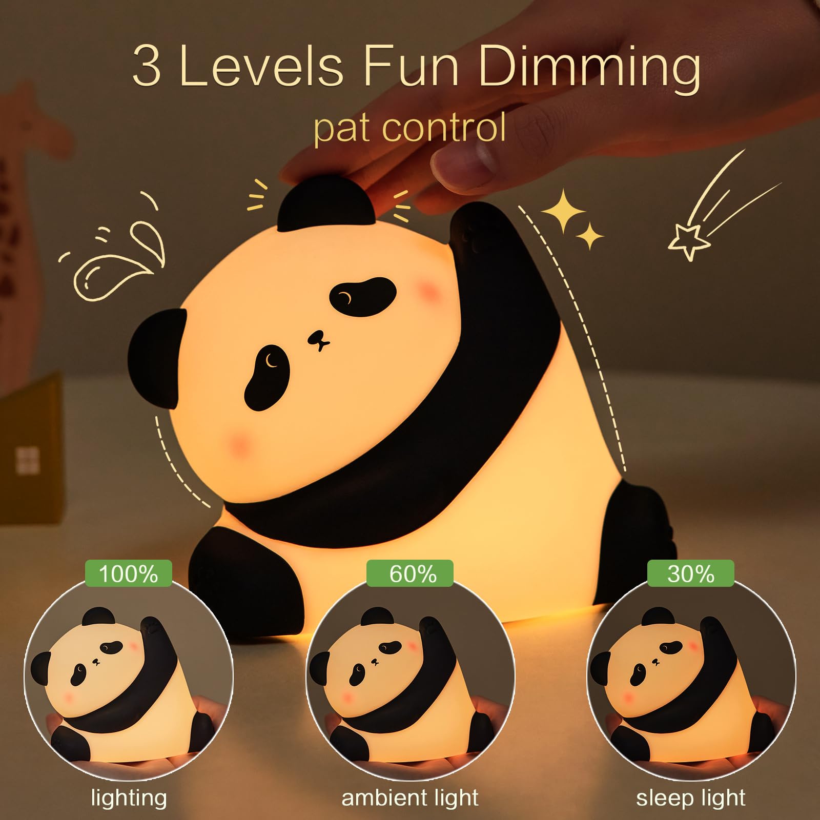 Kung Fu Pose Panda Night Light - LED Squishy Cute Animal Lamp, Food-Grade Silicone Nightlight with 3-Level Dimmable Brightness, Perfect for Bedroom, Nursery, College Dorm Decor - Funny Gift Idea for Kids, Teens & Panda Lovers