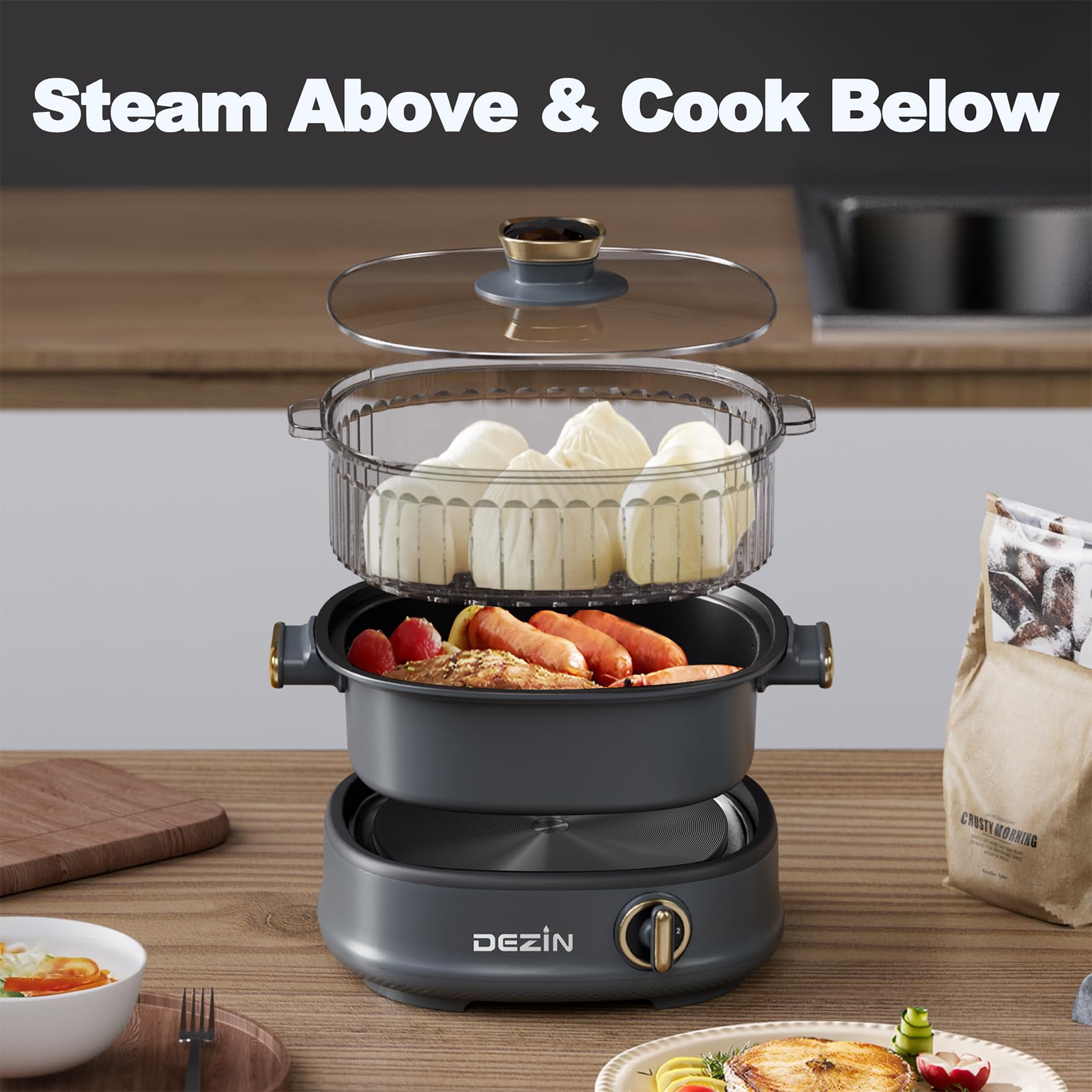 Electric Shabu Shabu Hot Pot with Removable 3L Non-Stick Pot, Steamer & Grill - 3-in-1 Multi-Cooker with Dual Power Control for Home, Party & Family Gatherings | Perfect for Asian Cooking, Hot Pot Nights & Entertaining Guests