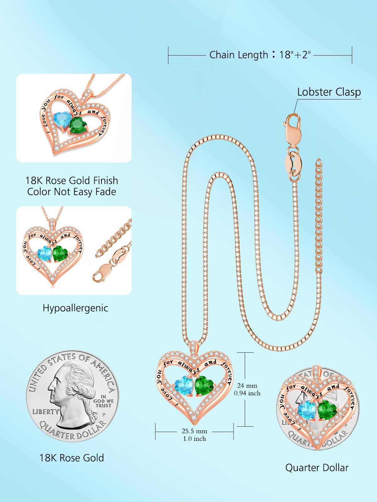 Rose Gold Heart Double Birthstone Necklace - Personalized Birthstone Jewelry Gift for Wife, Girlfriend, Mom & Grandma - 12 Birthstones for Every Month - Perfect for Birthday, Mother's Day & Anniversary Gifts - Elegant Pendant Necklace for Women - Ideal for Romantic Occasions, Family Celebrations & Special Moments