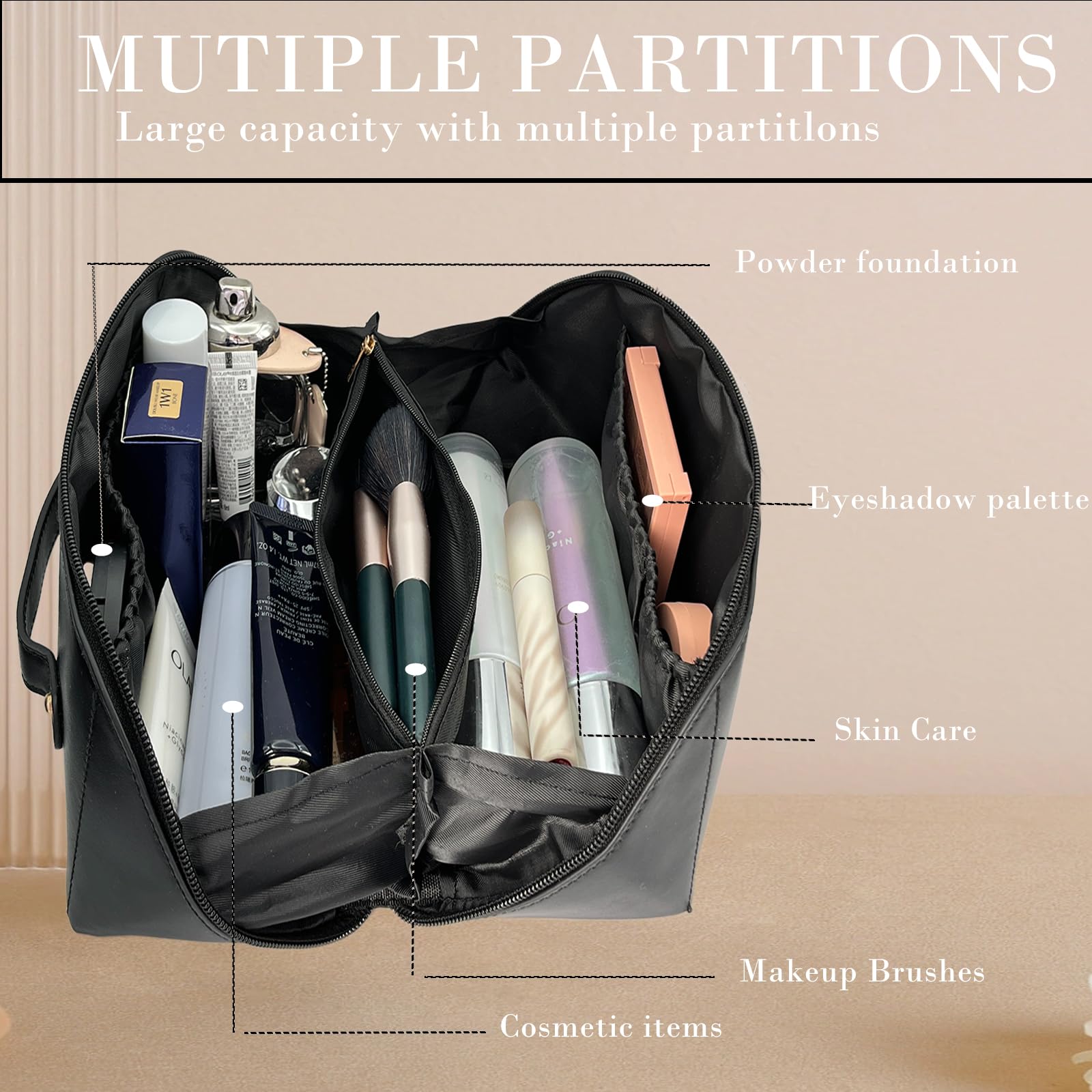 Waterproof Travel Makeup Bag for Women - Large PU Cosmetic Organizer for Travel & Daily Use