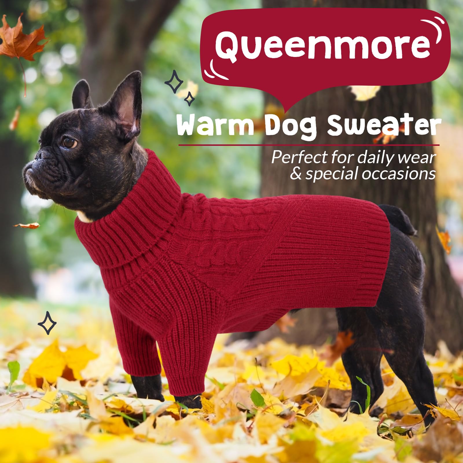Queenmore Dog Sweater for Small to Large Dogs - Warm Winter Knit Puppy Sweater with Turtleneck & Long Sleeves - Christmas Red Dog Clothes for Girls & Boys - Perfect for Cold Weather Walks, Holiday Photos & Indoor Cozy Time