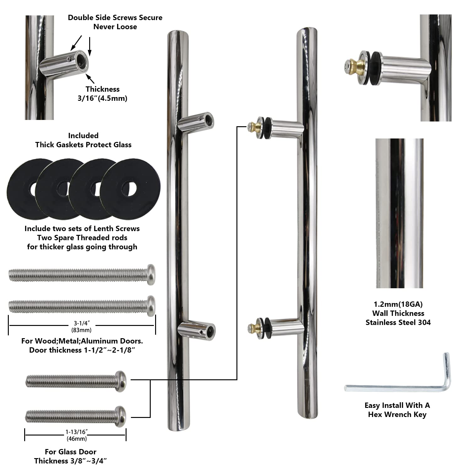 304 Stainless Steel Ladder Style Back to Back Glass Door Handle - 72 Inch Chrome Pull Handle for Barn Doors, Shower Doors & Cabinet Doors - Durable Push Pull Hardware for Home & Commercial Use
