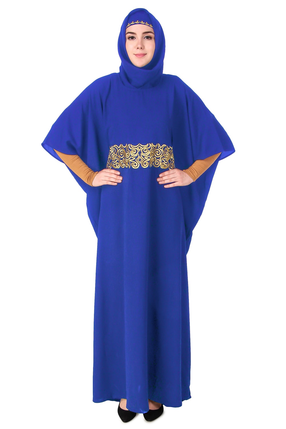 Handmade Gold Embroidered Waist Accent Kaftan Dress - Elegant Beach Cover Up & Boho Chic Homewear for Women
