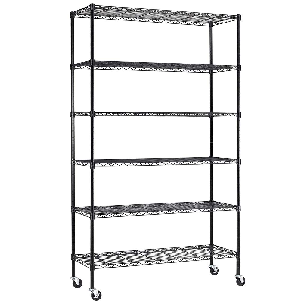 Heavy Duty 6-Tier Steel Wire Shelving Unit with Wheels - 18x48x82 Inch Adjustable Storage Rack, 2100 lbs Capacity - Perfect for Garage, Warehouse, Pantry & Home Organization (Black)