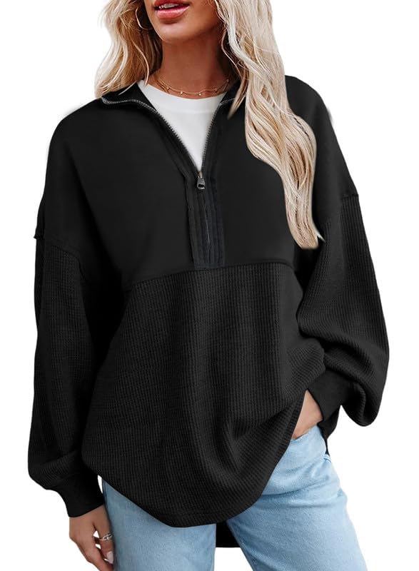 SHEWIN Women's Casual Waffle Knit Half Zip Pullover Sweatshirt - Loose Fit Long Sleeve Top for Fall & Winter Outfits 2024 | Cozy Lounge Wear, Office Casual, Weekend Errands