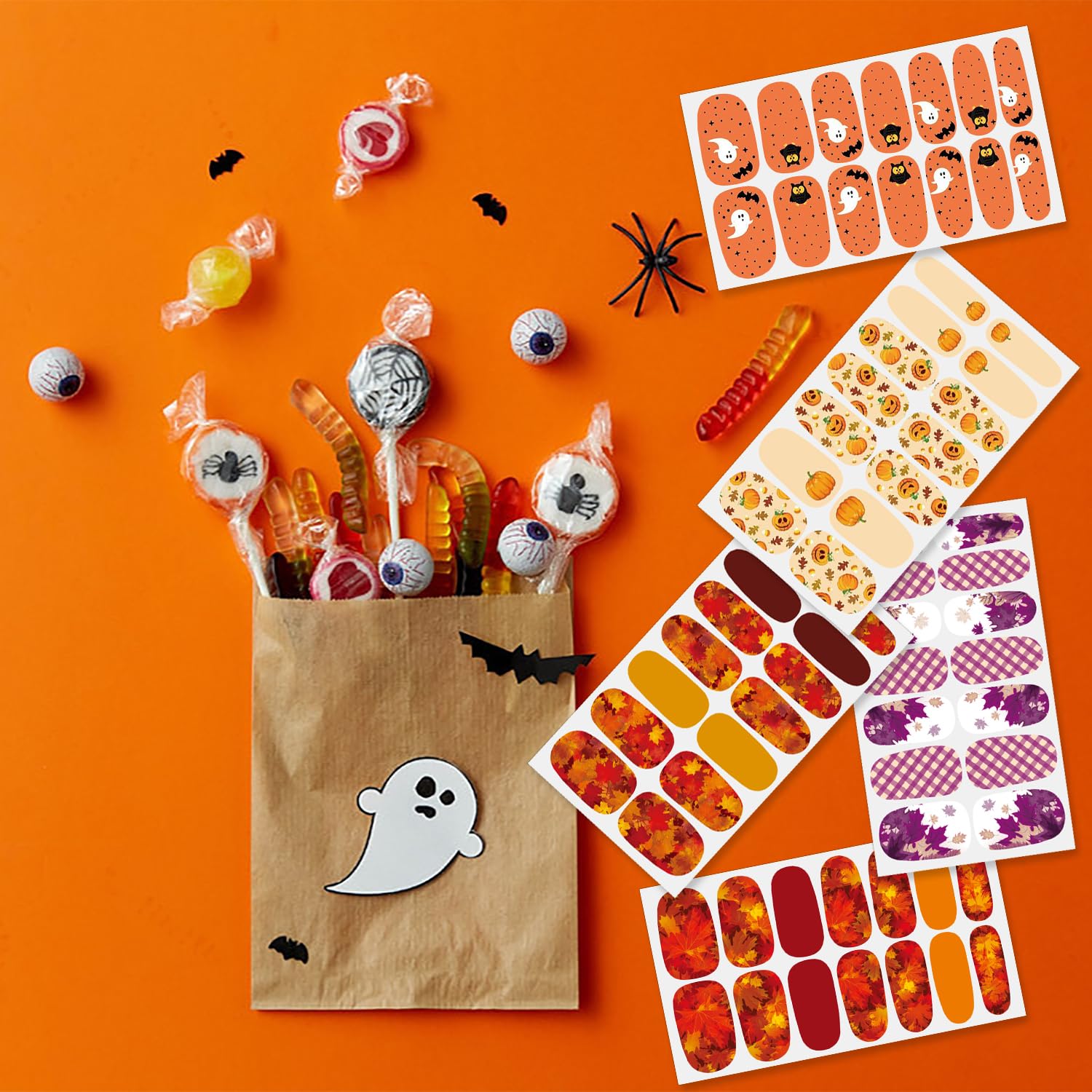 JERCLITY 24 Sheets Halloween Nail Polish Strips - Real Maple Leaf Nail Stickers, Full Nail Wraps for Women, DIY Nail Art for Halloween & Holiday Parties, Includes Nail File - Perfect for Costume Parties, Pumpkin Carving, Trick or Treating