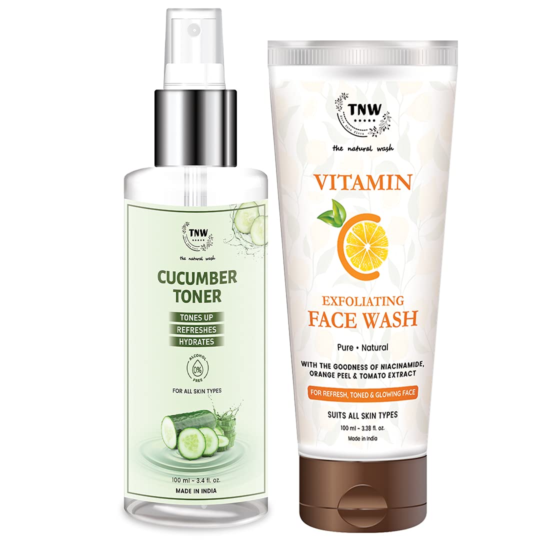 Vitamin C Exfoliating Face Wash & Cucumber Toner Set (100ml Each) for Glowing Skin - Natural Skincare Combo with No Harmful Chemicals | Gentle Cleanser & Makeup Remover | Perfect for Daily Skincare Routine & Post-Workout Refresh