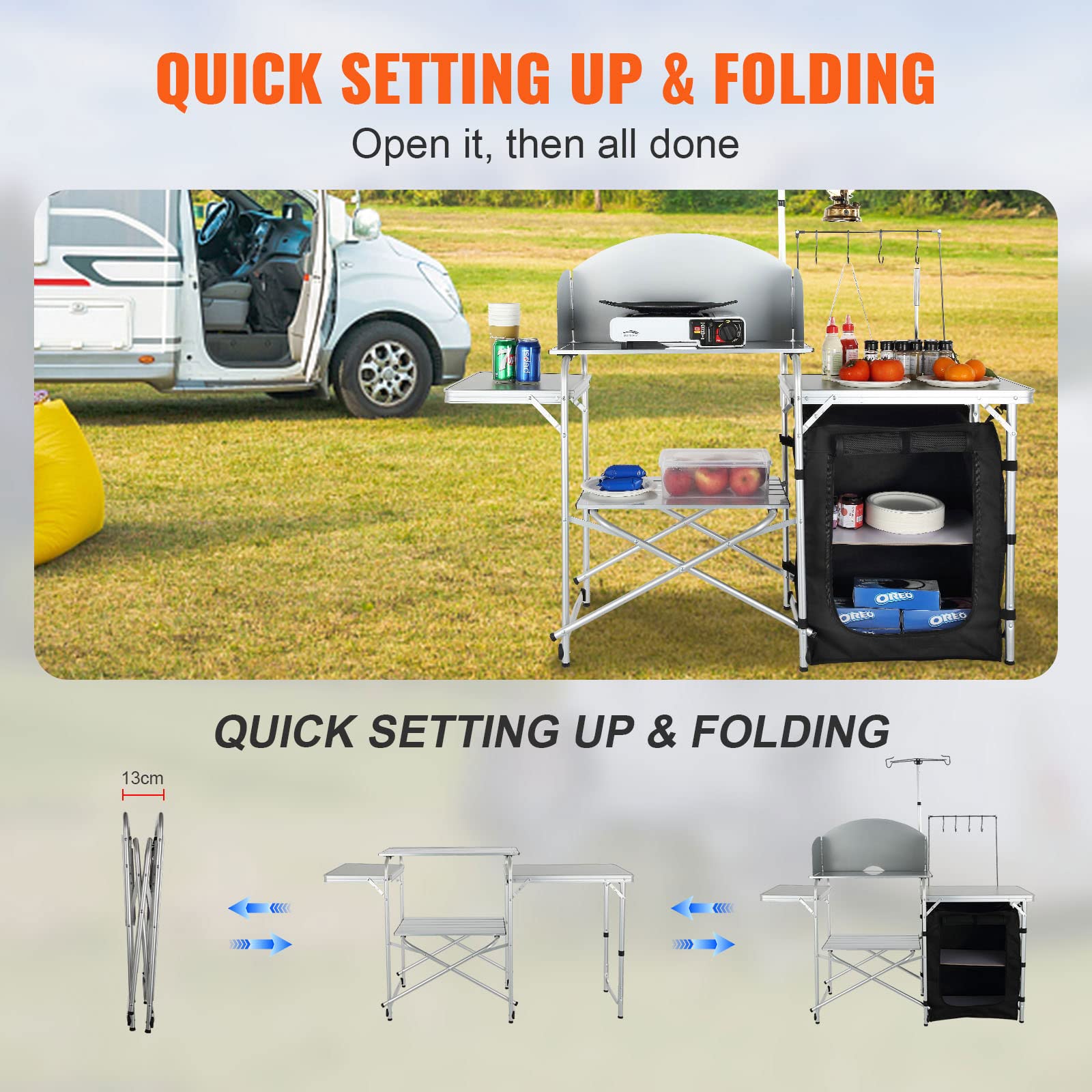 VEVOR Aluminum Portable Camping Kitchen Table - Foldable Outdoor Cook Station with Windscreen, Storage Organizer & Carrying Bag - Perfect for Camping, Picnics, Beach BBQs, RV Travel & Outdoor Adventures