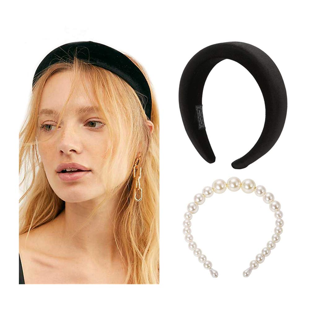 Women's Thick Velvet Pearl Headbands 2-Pack - Vintage Hair Accessories for Women & Girls - Perfect for Weddings, Parties & Everyday Fashion