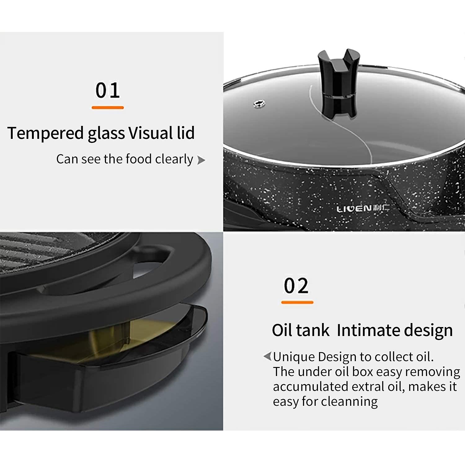 Liven Electric Grill with Hot Pot - Multifunctional Indoor Teppanyaki Grill, Korean BBQ & Shabu Shabu Hot Pot - Dual Temperature Control, 3.6L Large Capacity for 2-10 People (SK-J6868) - Perfect for Family Gatherings, Parties & Indoor Cooking