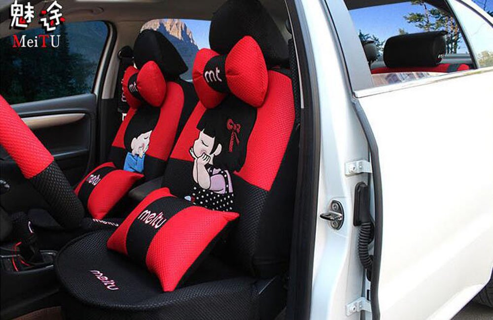20-Piece Luxury Cartoon Lover Car Seat Covers Set - Universal Fit for Front & Back Seats, Red & Black Design, All-Season Protection (V5611) - Perfect for Women's Car Interior Decoration & Gift Giving