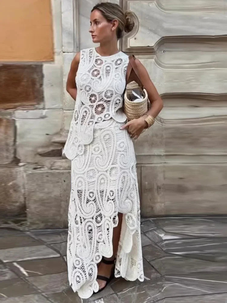 Elegant Crochet O-Neck Hollow Out Skirt Set for Women - Chic Floral Sleeveless Top with Asymmetrical Skirt | Perfect for Spring Outfits, Garden Parties & Romantic Dates