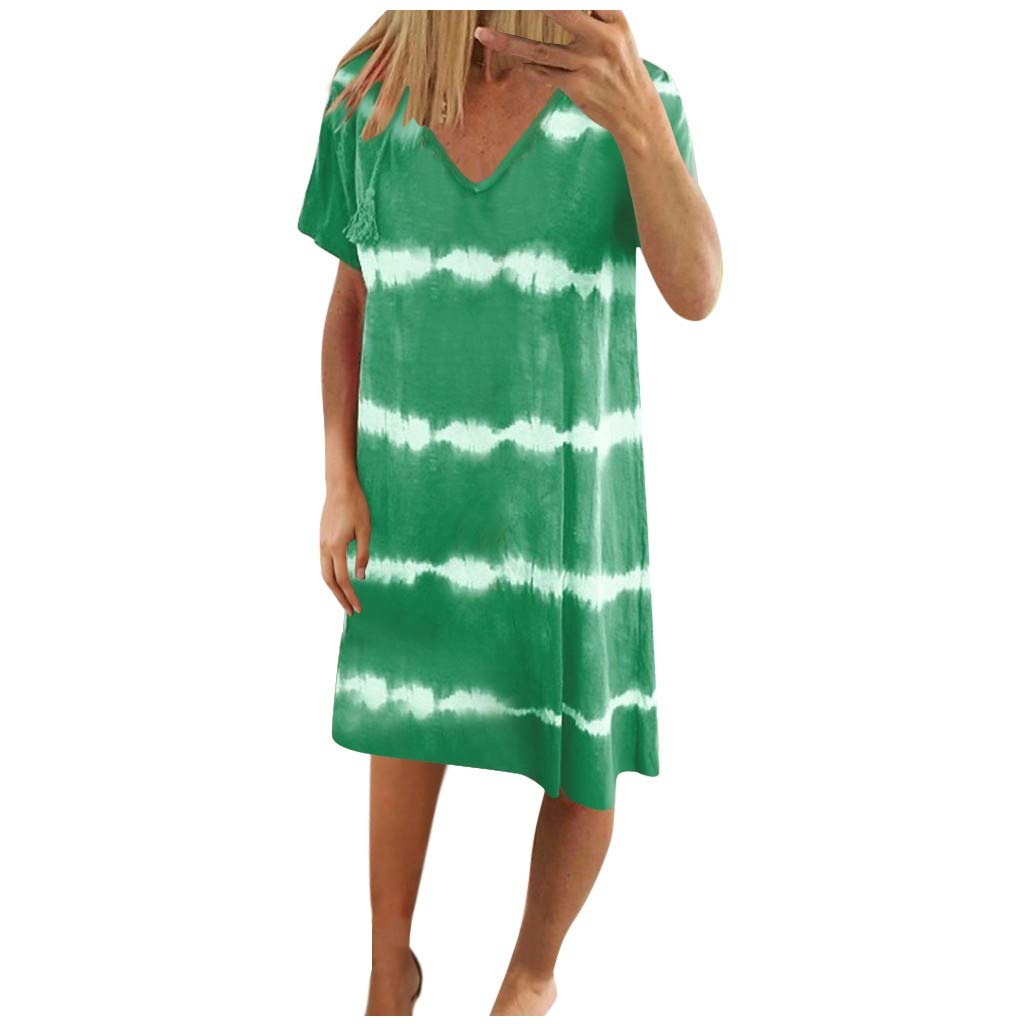 FOVIGO Women's Summer Short Sleeve V-Neck T-Shirt Dress - Casual Loose Striped Print Shift Mini Dress for Beach, Vacation & Everyday Wear