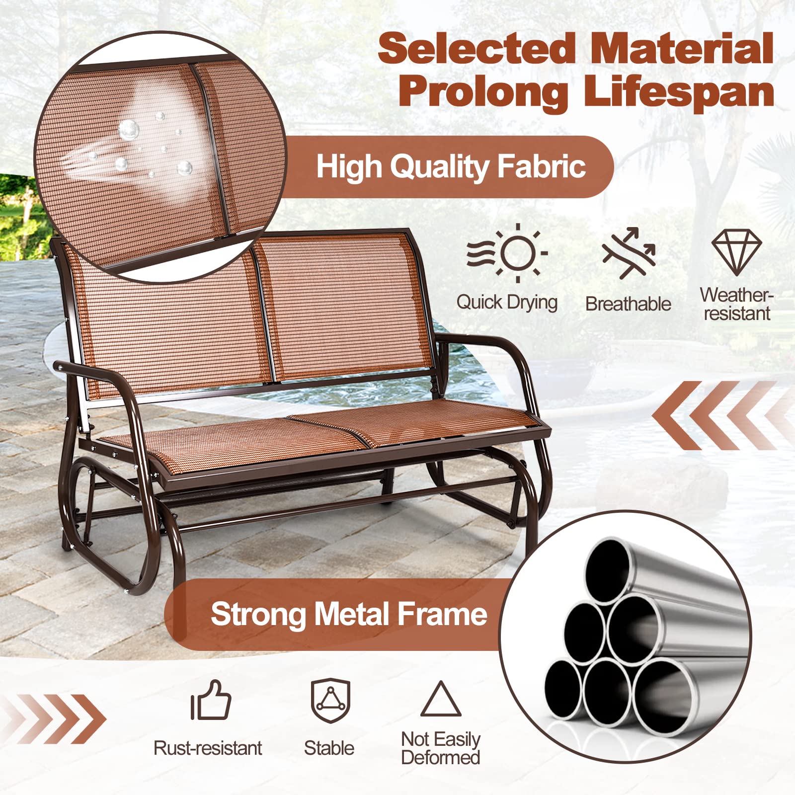Tangkula 2-Person Outdoor Patio Glider Swing Bench - Heavy-Duty Steel Frame & Breathable Fabric Loveseat - Perfect for Poolside, Garden, Backyard & Porch Relaxation | Patio Furniture for Couples & Outdoor Lounging