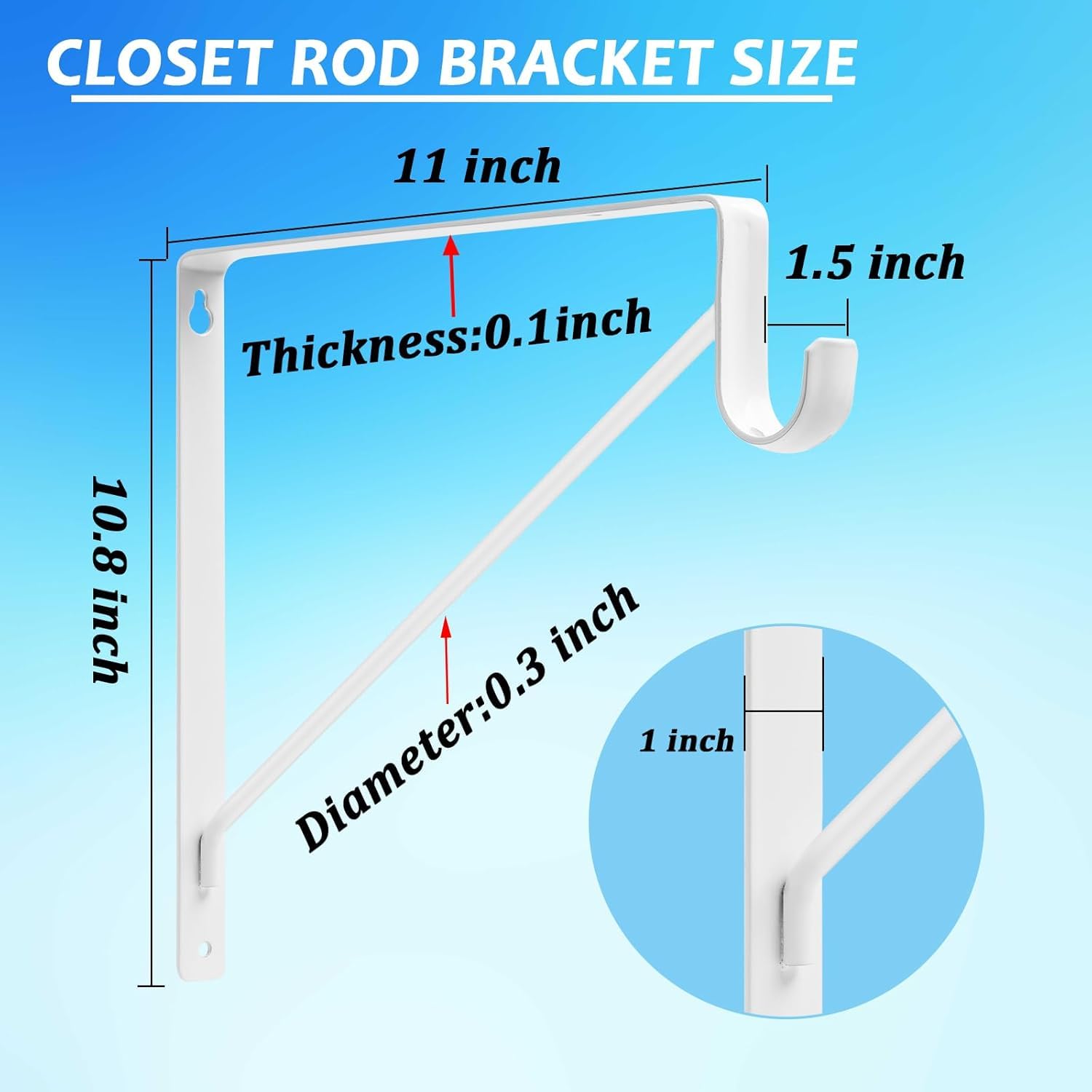 4PCS Heavy Duty Wall Closet Rod Brackets 11x11 Inch - 1-3/8 Inch Diameter Shelf & Closet Rod Support Bracket - White Wall Mounted Closet Pole Holder with Hardware - Perfect for Bedroom, Walk-in Closet, Laundry Room Organization & Home Decor