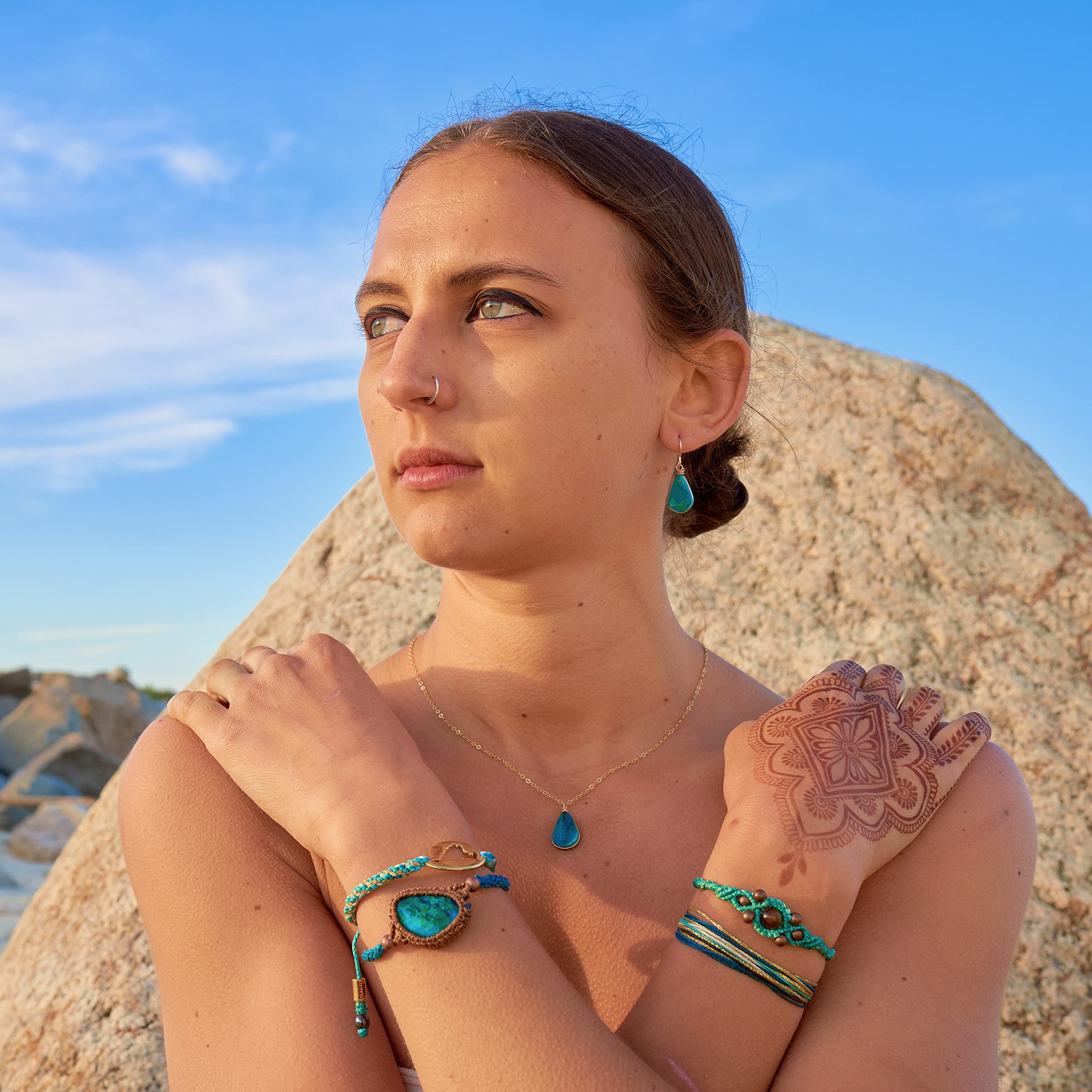 Handmade Chrysocolla Jewelry Set for Women - 14K Gold Filled Dainty Necklace & Teardrop Earrings | Healing Crystal Gift for Birthday, Meditation & Spiritual Healing | by Rumi Sumaq