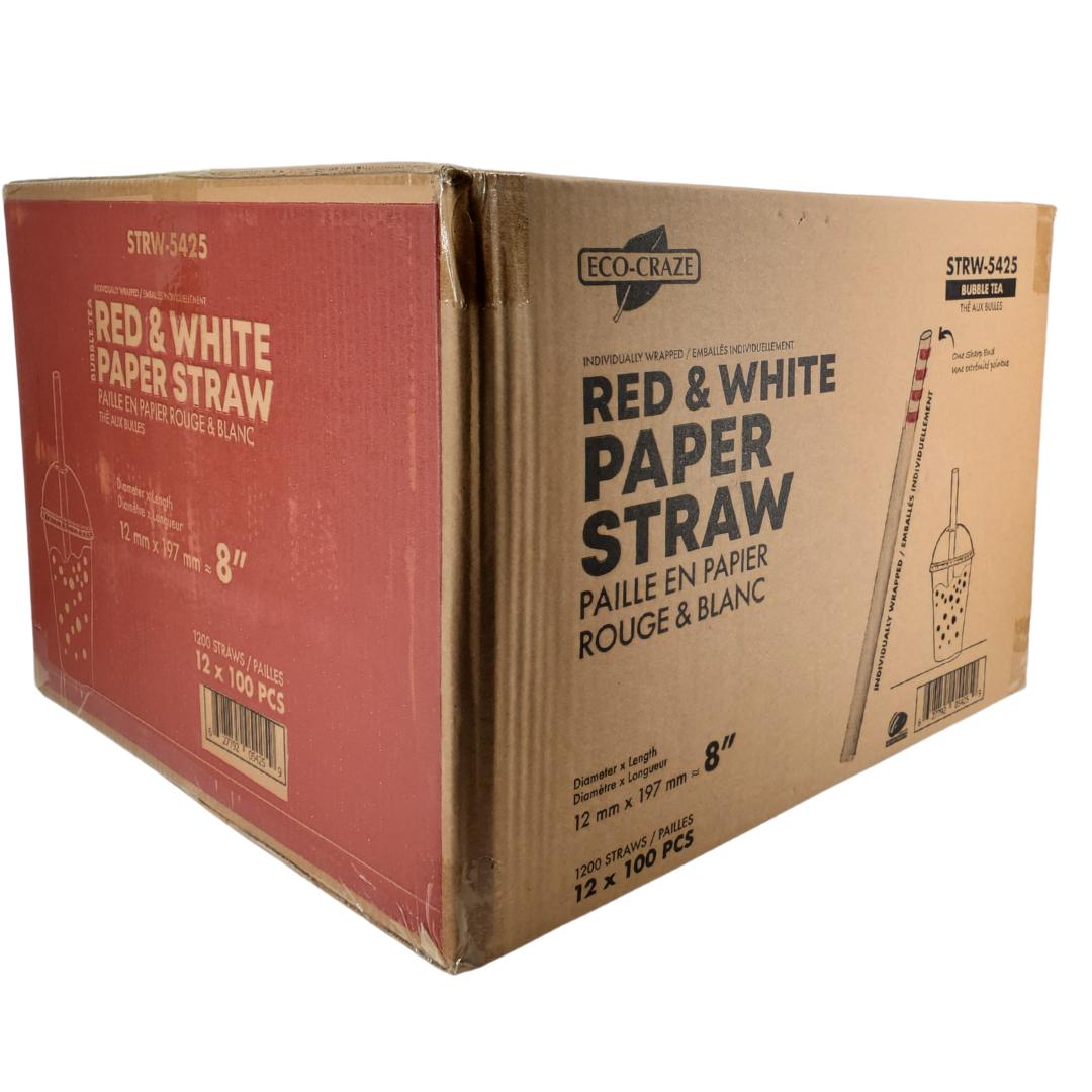 Eco-Friendly 8-Pack Red & White Paper Straws for Bubble Tea - 12mm Sharp End Wrapped - Perfect for Parties, Cafes & Eco-Conscious Drinks