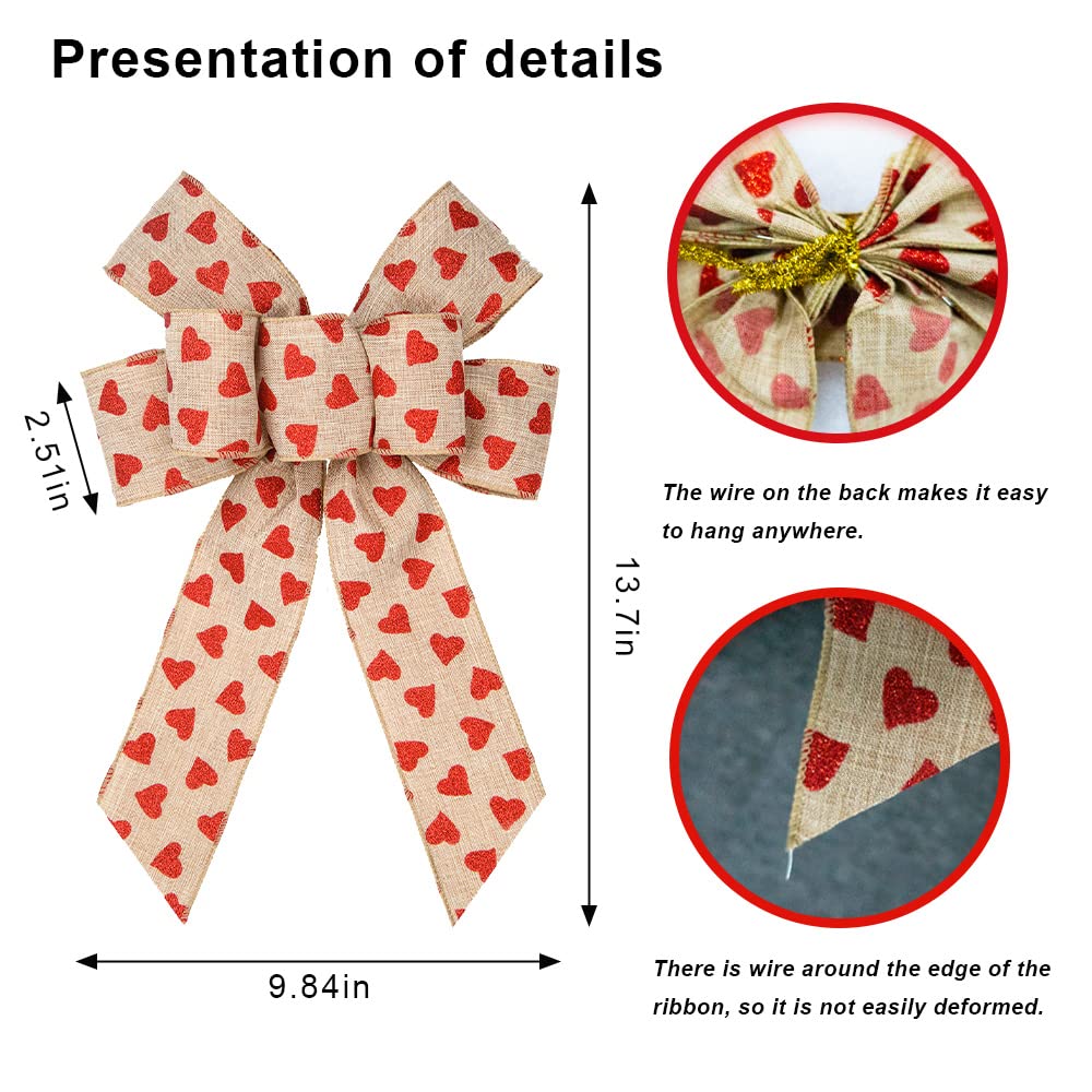 2 PCS Valentine's Day Wreath Bows - Glitter Red Heart Bows with Natural Burlap for Front Door, Wedding & Party Decorations - Perfect for Valentine's Wreaths, Home Decor and Gift Wrapping
