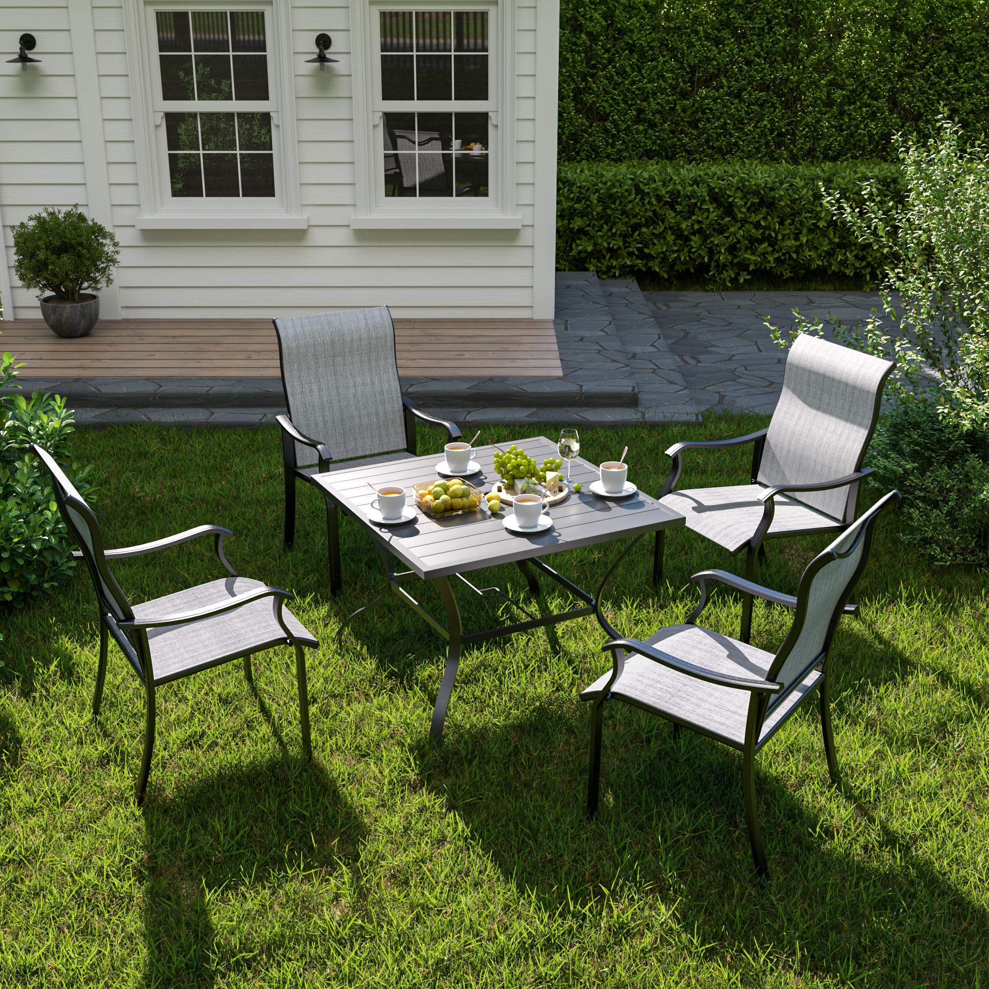 UDPATIO 4-Piece Patio Dining Chairs Set - High Back Textilene Outdoor Chairs with Armrests, Durable Metal Frame for Garden, Backyard, Deck, Poolside (Grey & White) - Perfect for Outdoor Dining, Lounging, and Entertaining