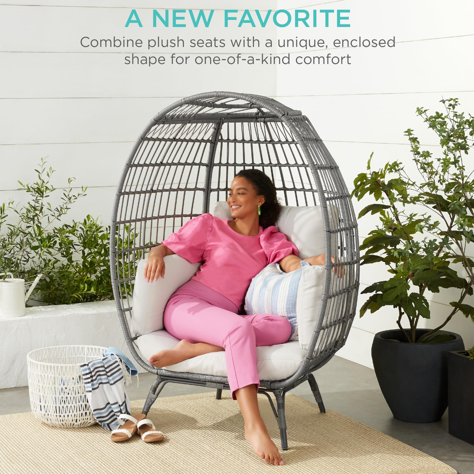 Best Choice Products Oversized Wicker Egg Chair - Indoor/Outdoor Hanging Lounge Chair with 4 Cushions & Steel Frame (440lb Capacity) - Gray/White Sand - Perfect for Patio, Backyard, Living Room, Garden Relaxation