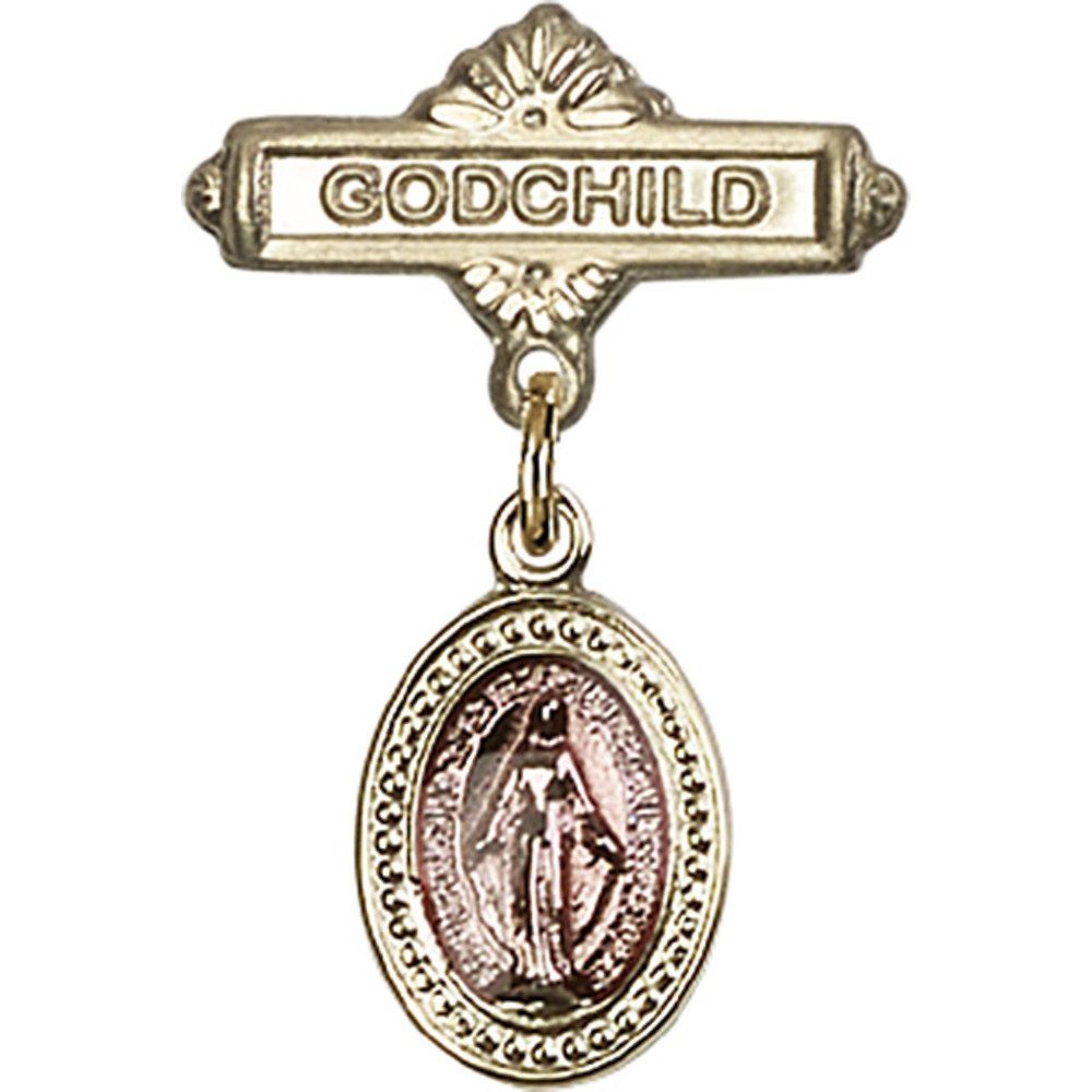 Gold Filled Baby Badge Pin with Pink Miraculous Charm - 1 x 5/8 Inch Godchild Jewelry - Perfect for Christenings, Baptisms & Special Occasions