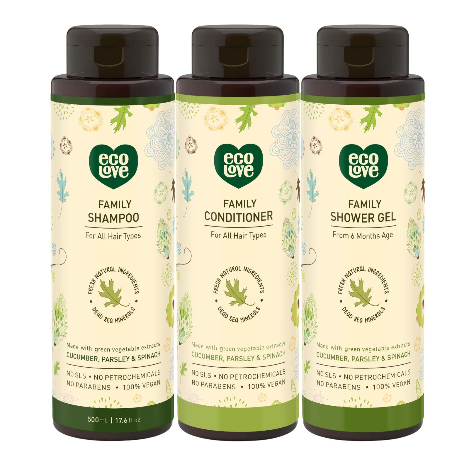 EcoLove Organic Cucumber Extract Shampoo, Conditioner & Body Wash Set - SLS & Paraben Free, Vegan & Cruelty-Free - Gentle for Babies 6+ Months - Hydrating Hair & Skin Care for Daily Family Use