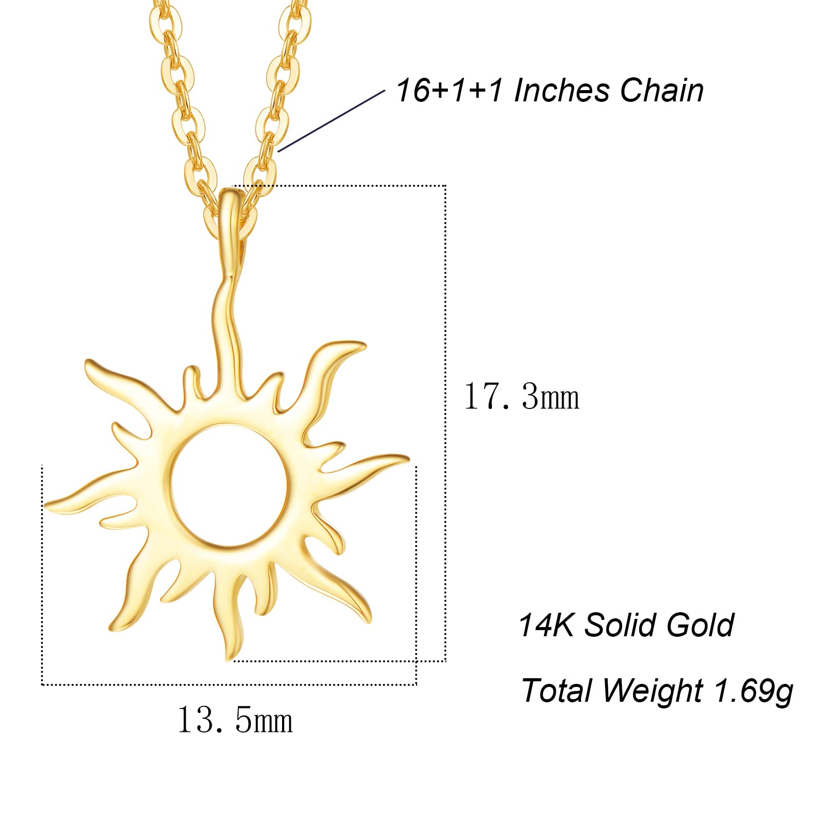 14K Solid Yellow Gold Dainty Sun Pendant Necklace - Celestial Charm Jewelry for Women, 16