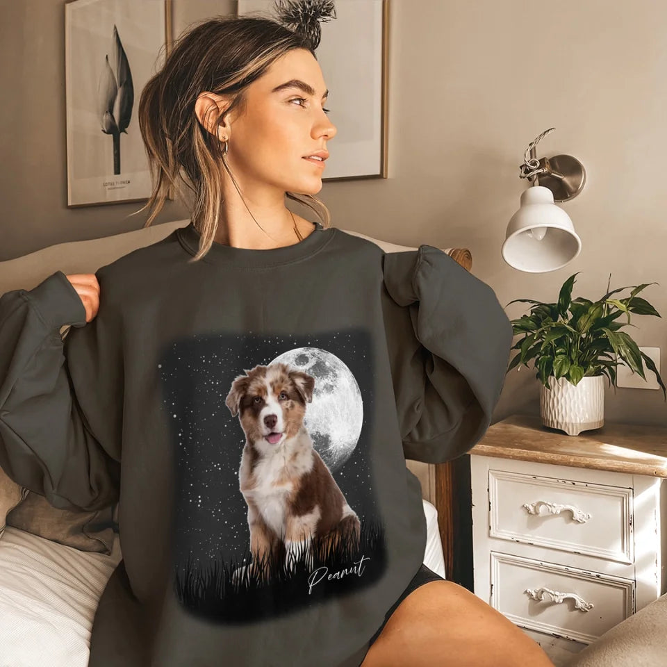 Custom Vintage Full Moon Pet Photo Sweatshirt - Personalized Dog Cat Lover Gift - Cozy Pullover for Family Matching Outfits, Couple Wear & Pet Memorial