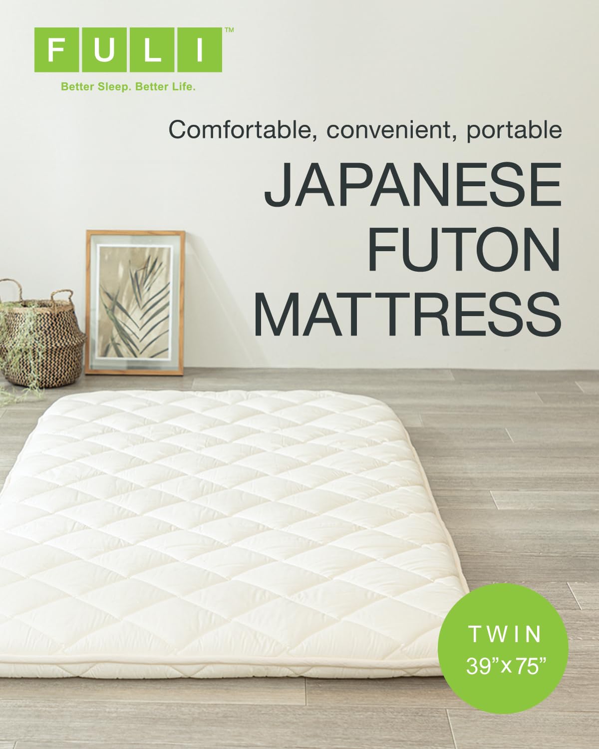 FULI Japanese Futon Mattress - Foldable & Portable Floor Lounger Bed - Roll Up Sleeping Pad - Shikibuton - Made in Japan (White, Twin Size) - Perfect for Small Spaces, Guest Beds & Minimalist Living