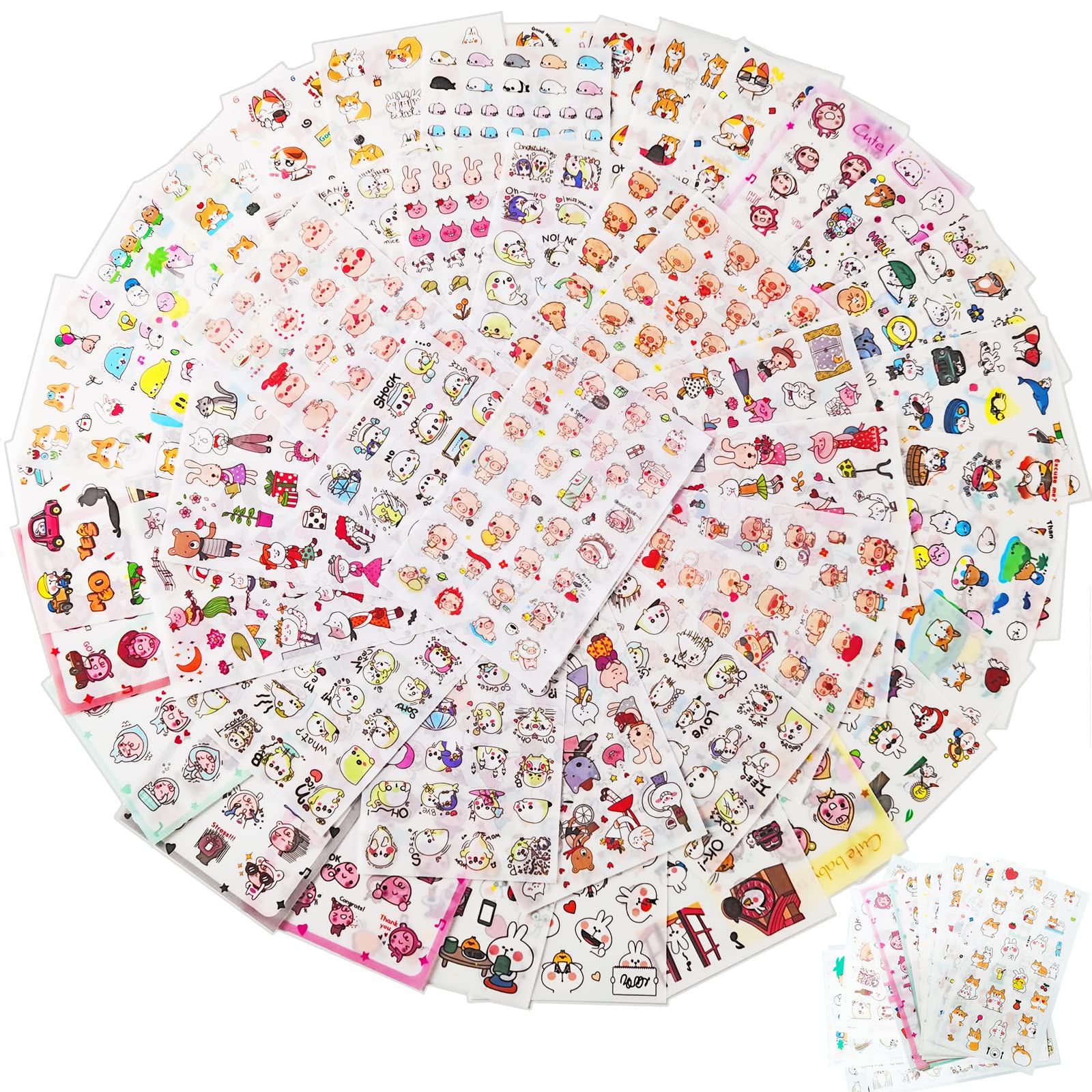48 Sheets Kawaii Stickers - Cute Transparent Cartoon Animal Stickers (Rabbit, Cat, Bear, Pig, Dolphin) for Scrapbooking, Planner, Journaling, DIY Crafts, Water Bottles & Phone Cases - Waterproof Mini Decorative Stickers for Kids & Adults